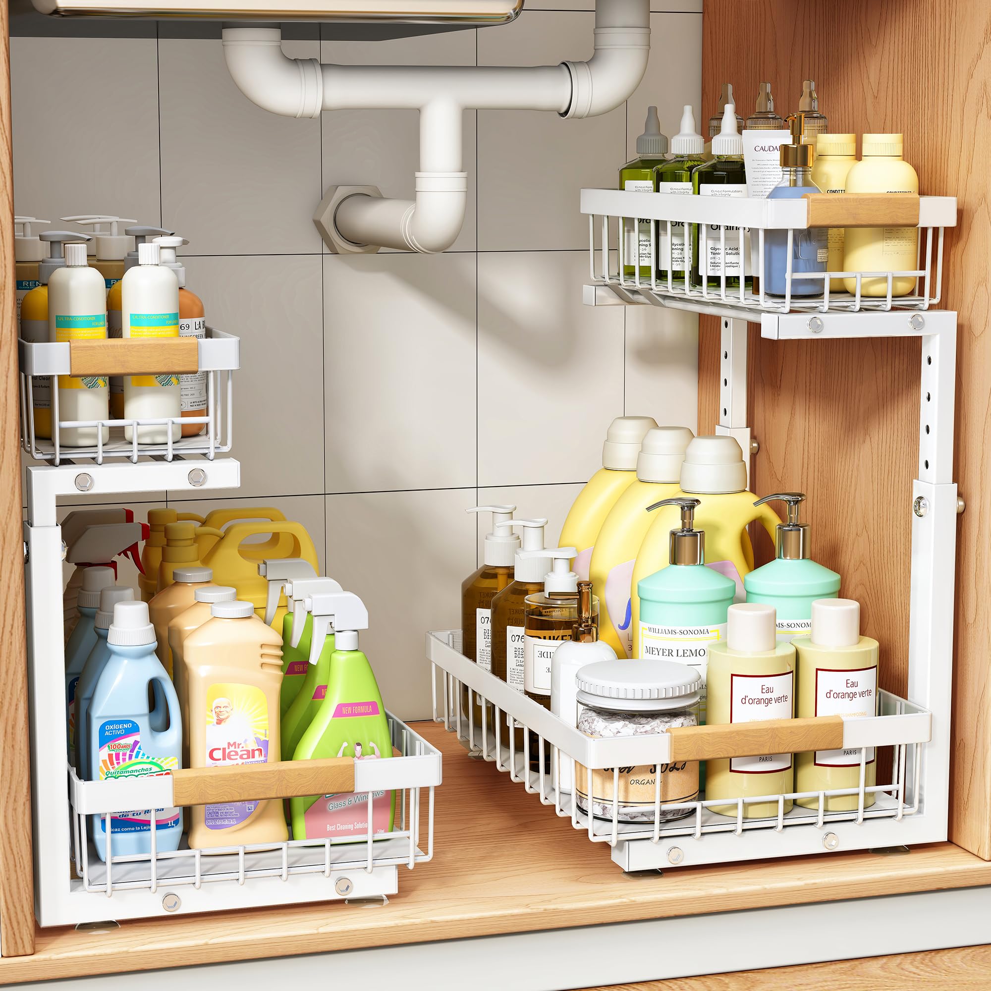 Phewnyzo  2 pack under sink organizer adjustable height 2 tier slide out metal storage rack for kitchen bathroom laundry cabinet pantry white