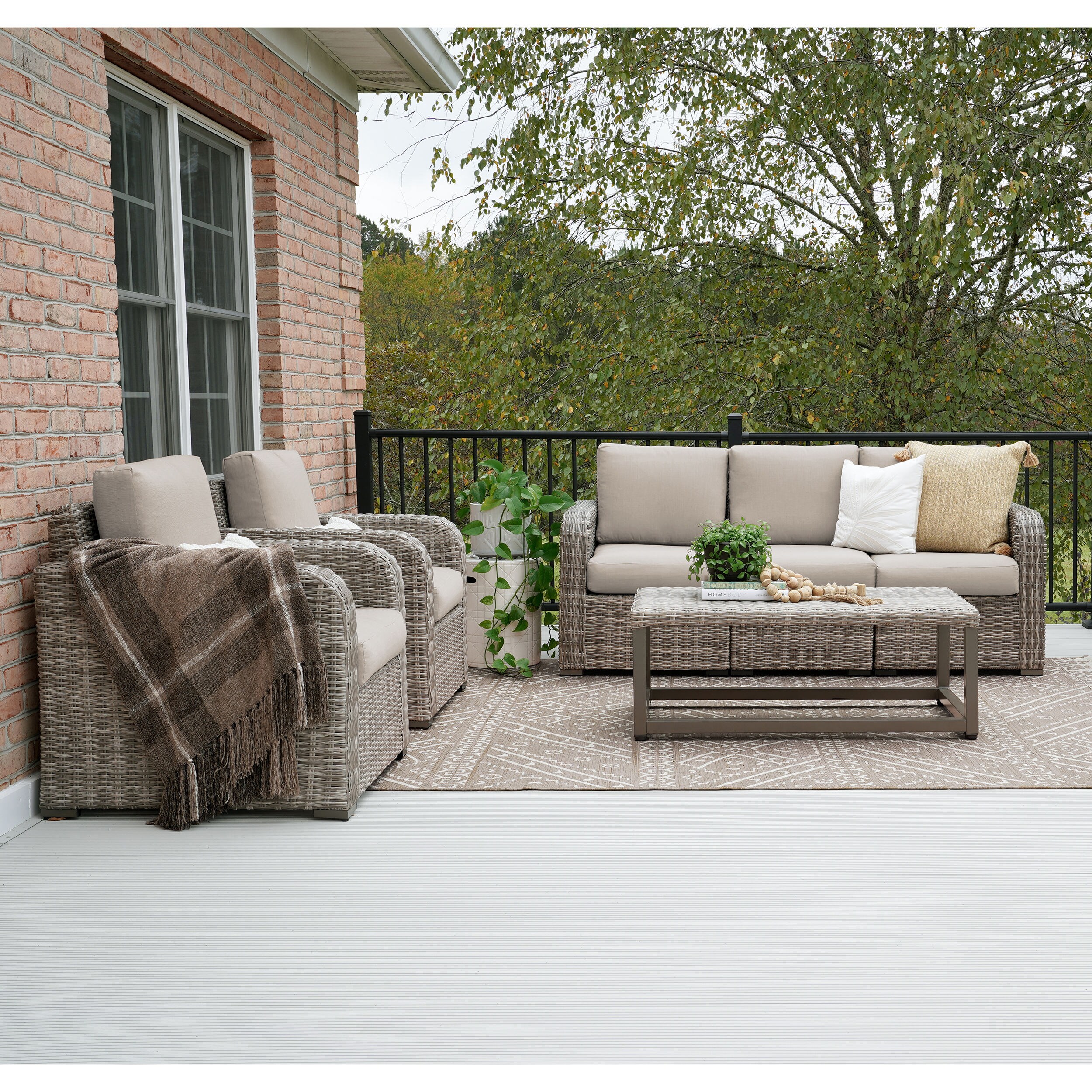Leisure Made 471082-TAN Forsyth 6-Piece Wicker Patio Sofa Conversation Set with Tan Cushions
