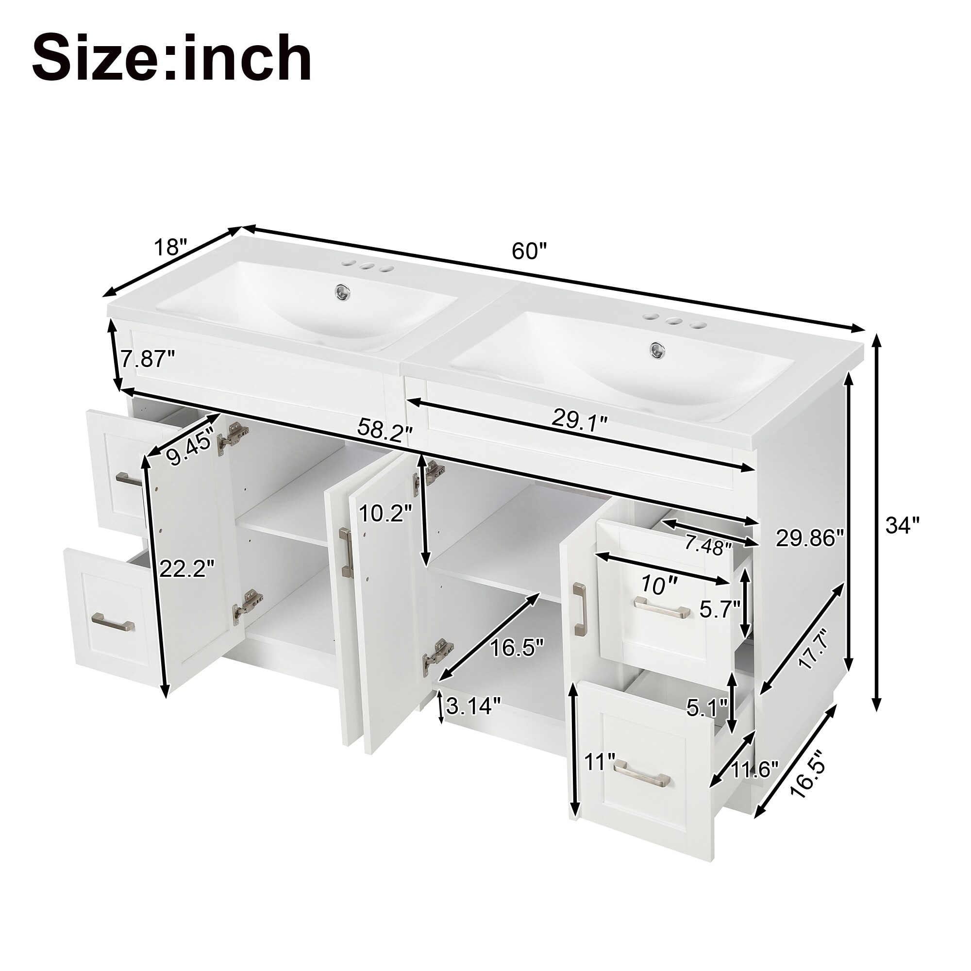 GLANZEND 18-in D x 60-in W x 34-in H Bathroom Vanity MDF White ...