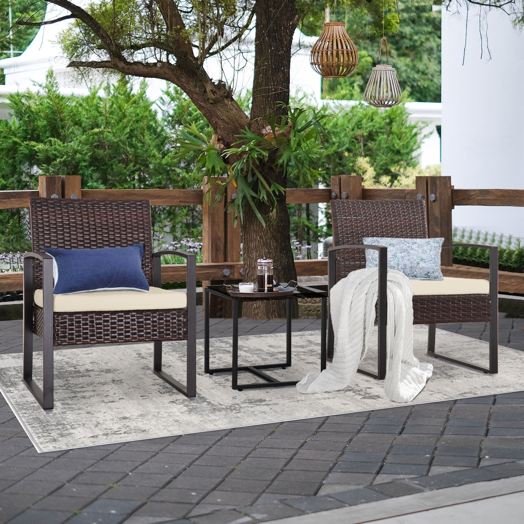 EarlGrove DJ-MZ243101 3 -Piece Wicker Patio Conversation Set with Off-white Cushions