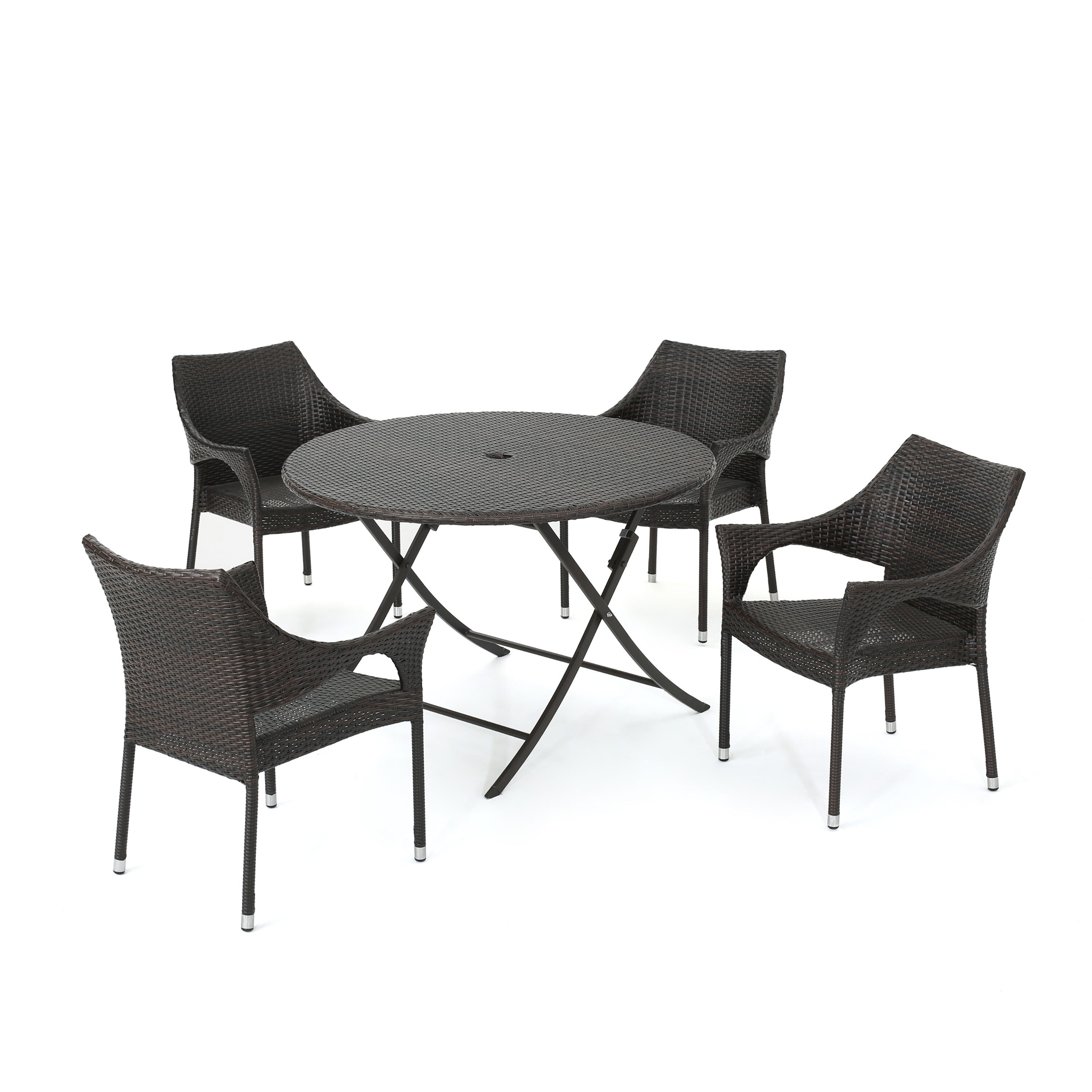 Best Selling Home Decor 302004 5 -Piece Brown Rattan Patio Dining Set Iron Round Table with 4 Stackable Stationary Chairs