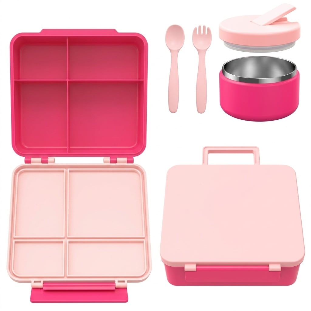 Etokfoks  Kids Friendly Leakproof Food Grade Plastic Bento Lunch Box with Lids and 8oz Thermo Food Jar 1 Set