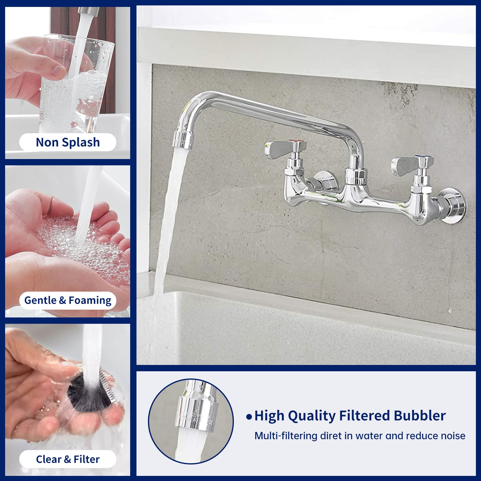 Polished Chrome Double Handle Wall Mount Kitchen Faucet with 12 Inch Swivel Spout