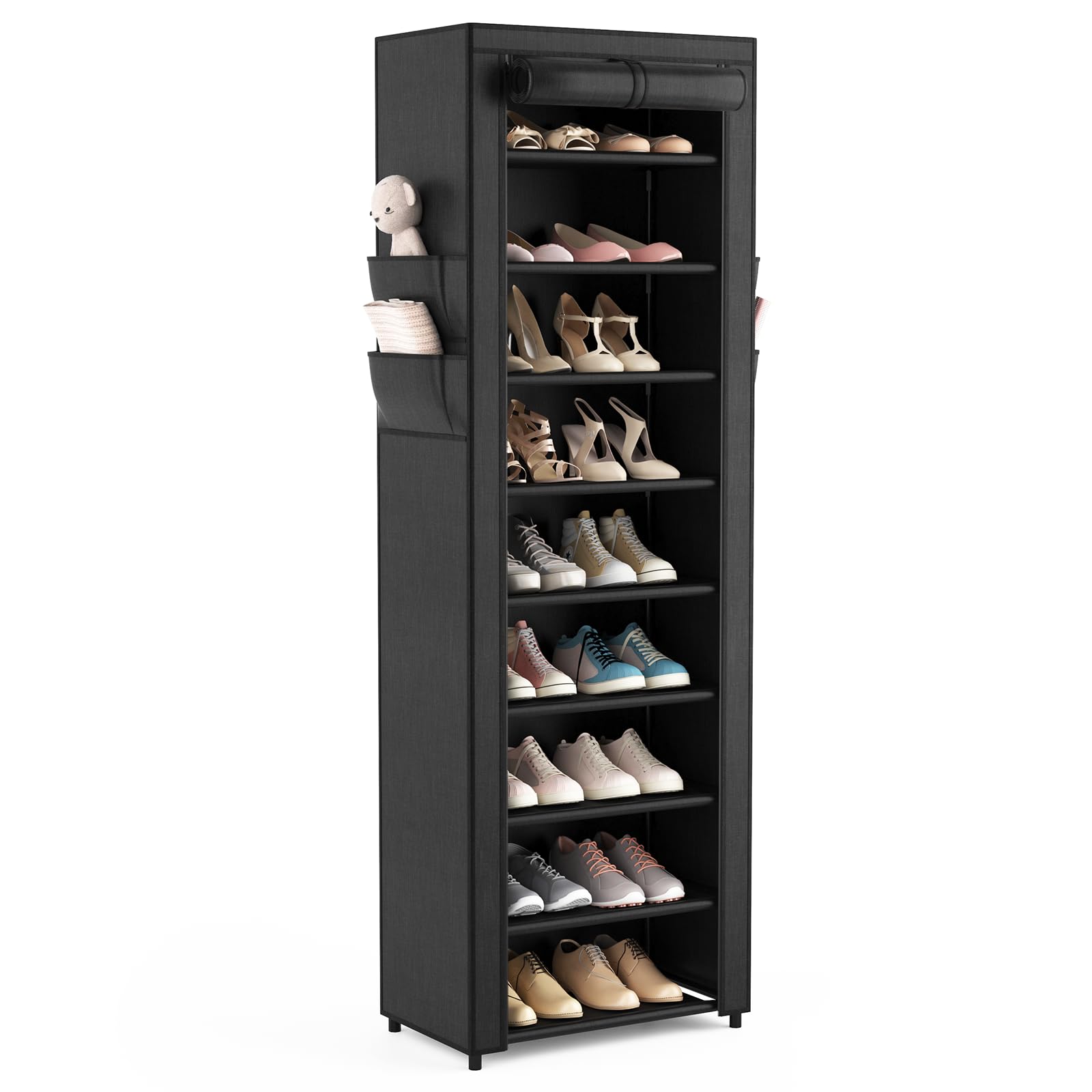 UUDULY  Shoe Rack with Cover 10 Tier Narrow Shoe Organizer with 4 Side Pockets Holds 18 to 22 Pairs Space Saving Shoe Storage for Closet Entryway