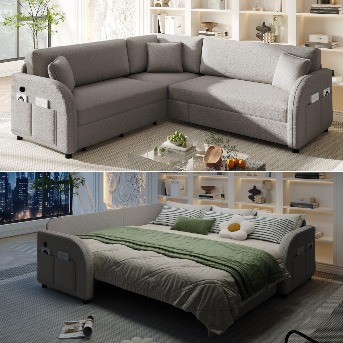 LOVMOR  L Shape 5 Seat 85.1inch Convertible Sleeper Sofa Teddy Light Grey Couch with Storage for Living Room Bedroom Assembly