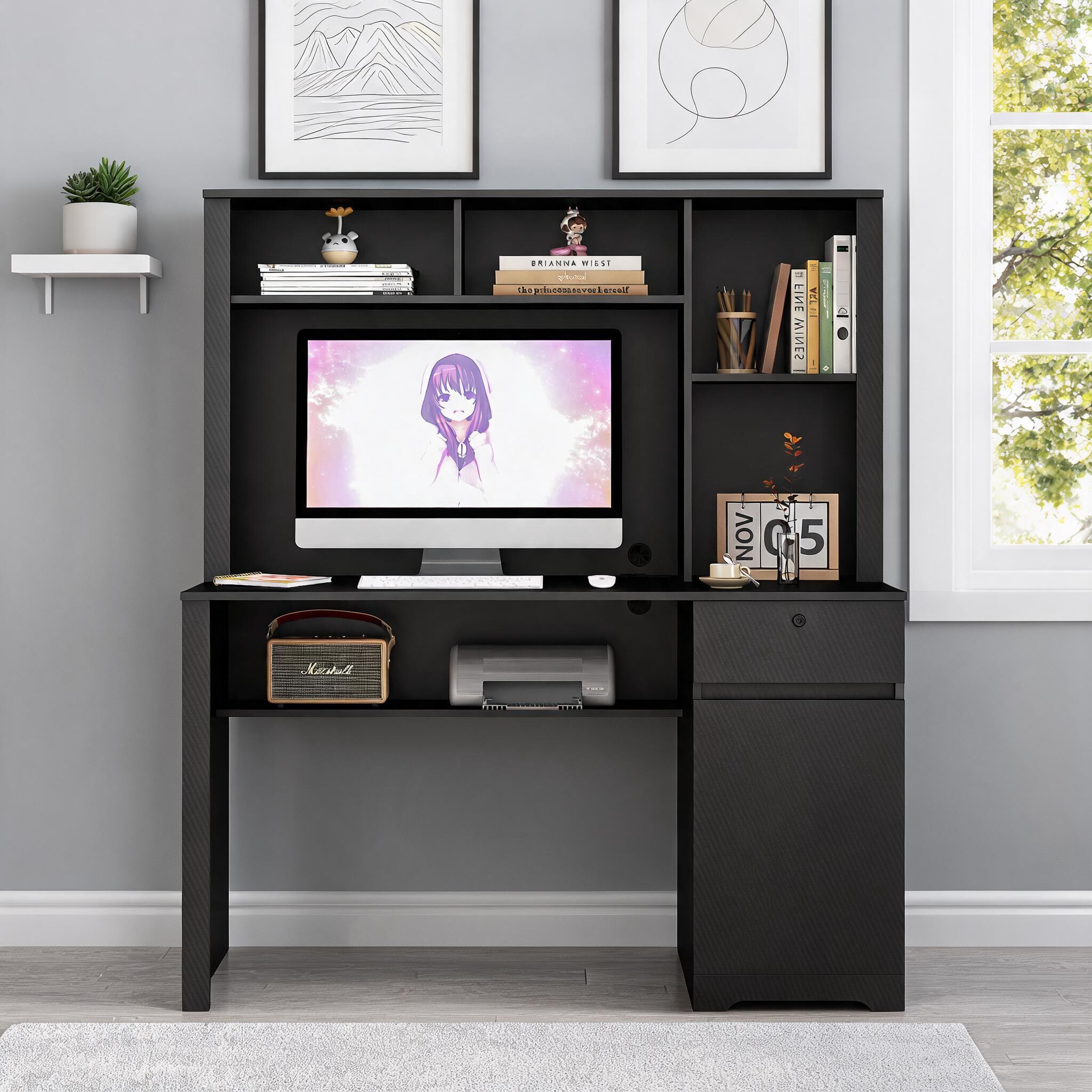 Watnature - Home Office Teen Study Computer Desk Matte Black Particle Board with Charging Ports a...