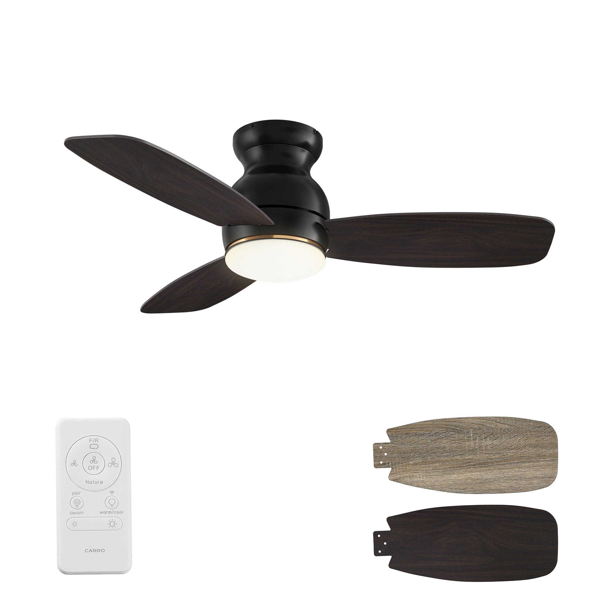 CARRO USA Trendsetter 44-in Black with Wooden/Walnut Blades Indoor/Outdoor Flush Mount Smart Ceiling Fan with Light and Remote (3-Blade) LS443Q-L12-BG-1 Sansujyuku sansujyuku.com