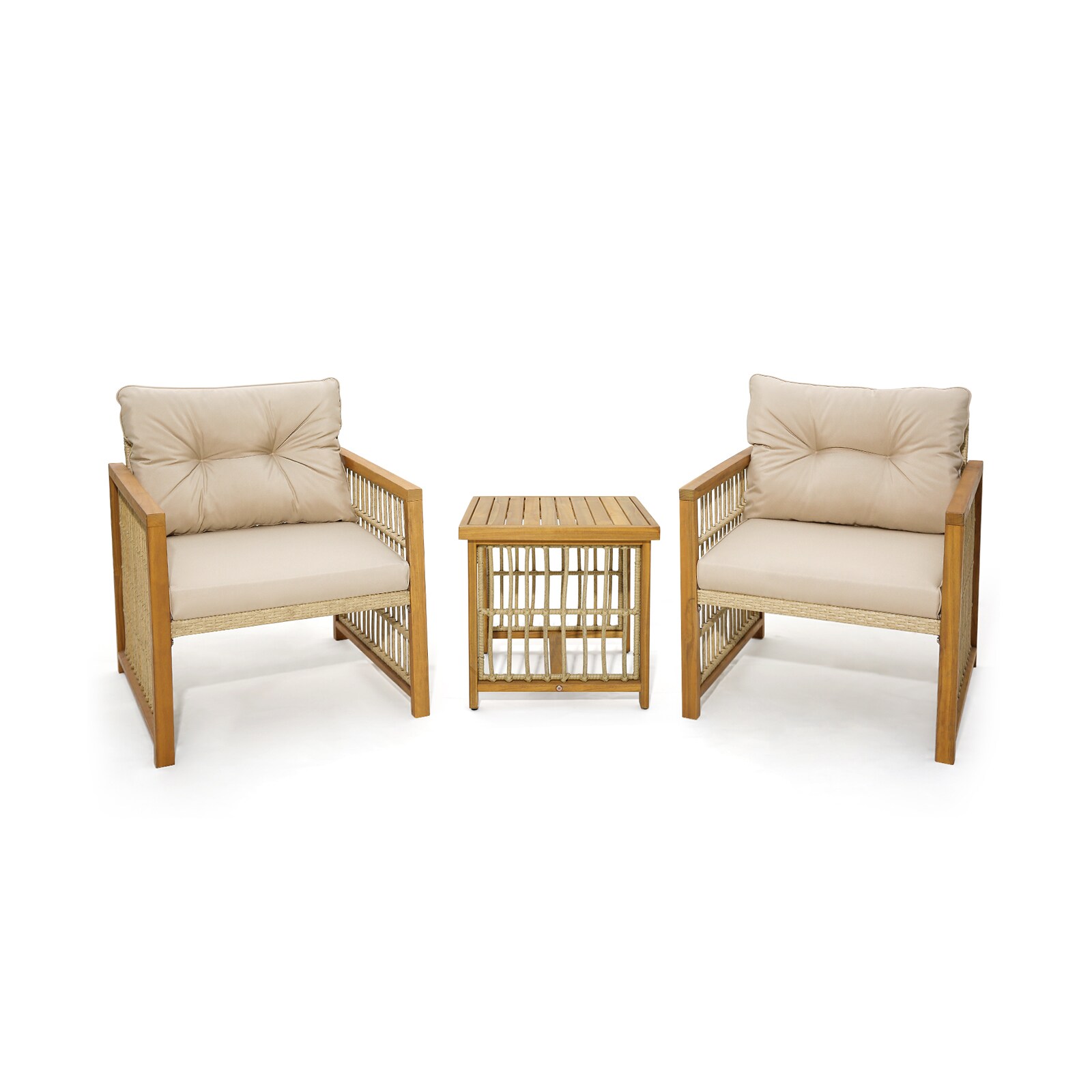 Slickblue D-CO-NB61907WH 3-Piece Wicker 2-Armchair Patio Conversation Set with Light Yellow PE Rattan Beige Cushions and 1 Acacia Wood Coffee Table for Patio Balcony or Garden
