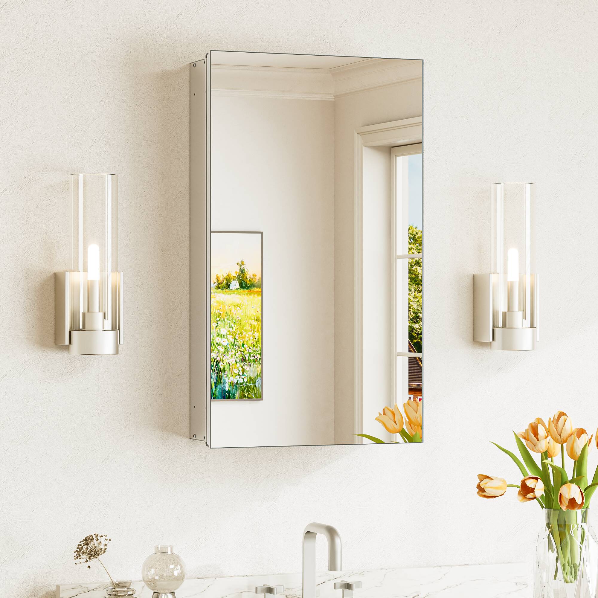 Keonjinn LW-JG-FXFJP-3561-SI Medicine Cabinet Mirror 14-in x 24-in Surface/Recessed Mount Sliver Mirrored Rectangle Soft Close Medicine Cabinet