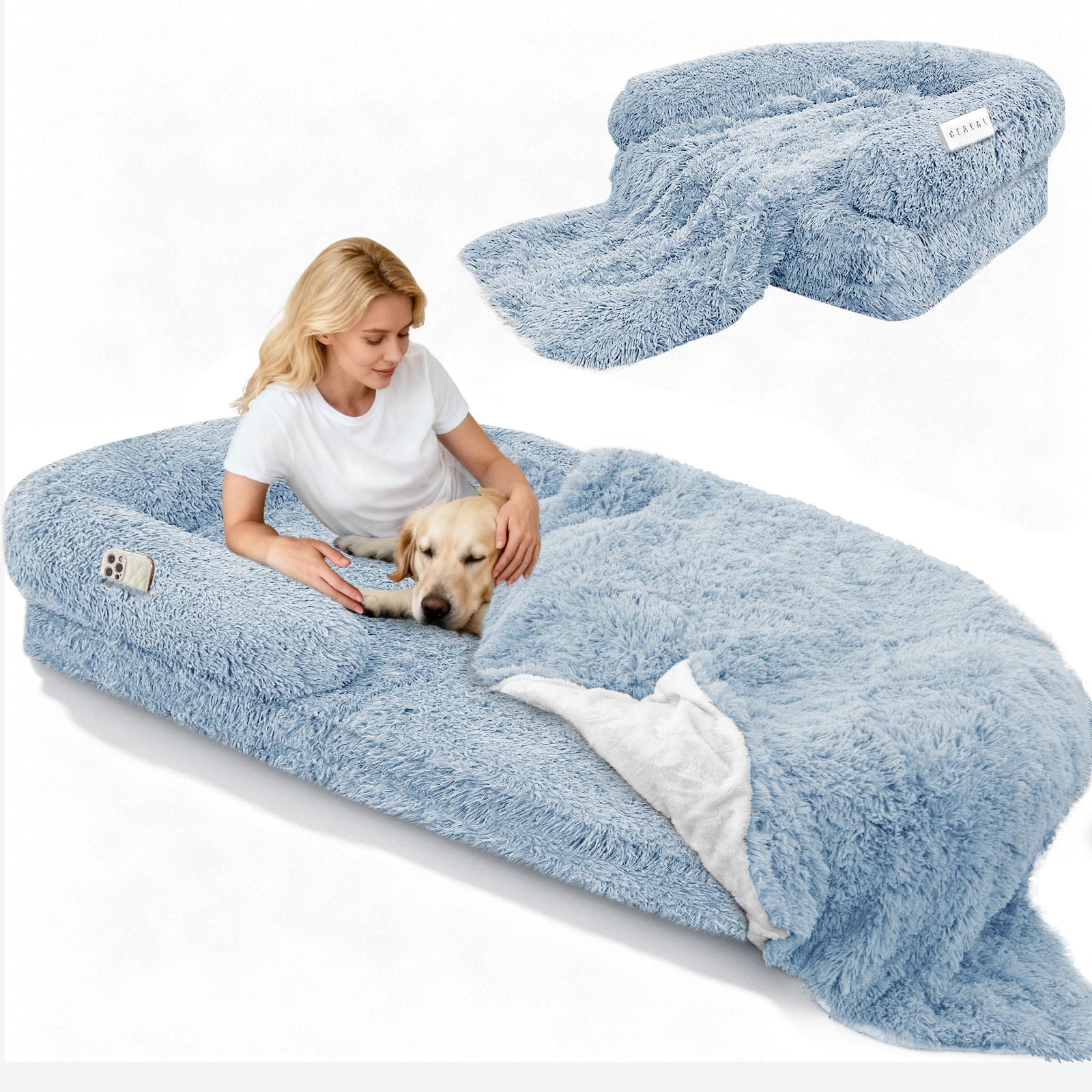 LOVMOR 71inches Foldable Human Dog Bed Fits Adult Thick Memory Foam Washable Oversize Dog Bed with Blanket Blue