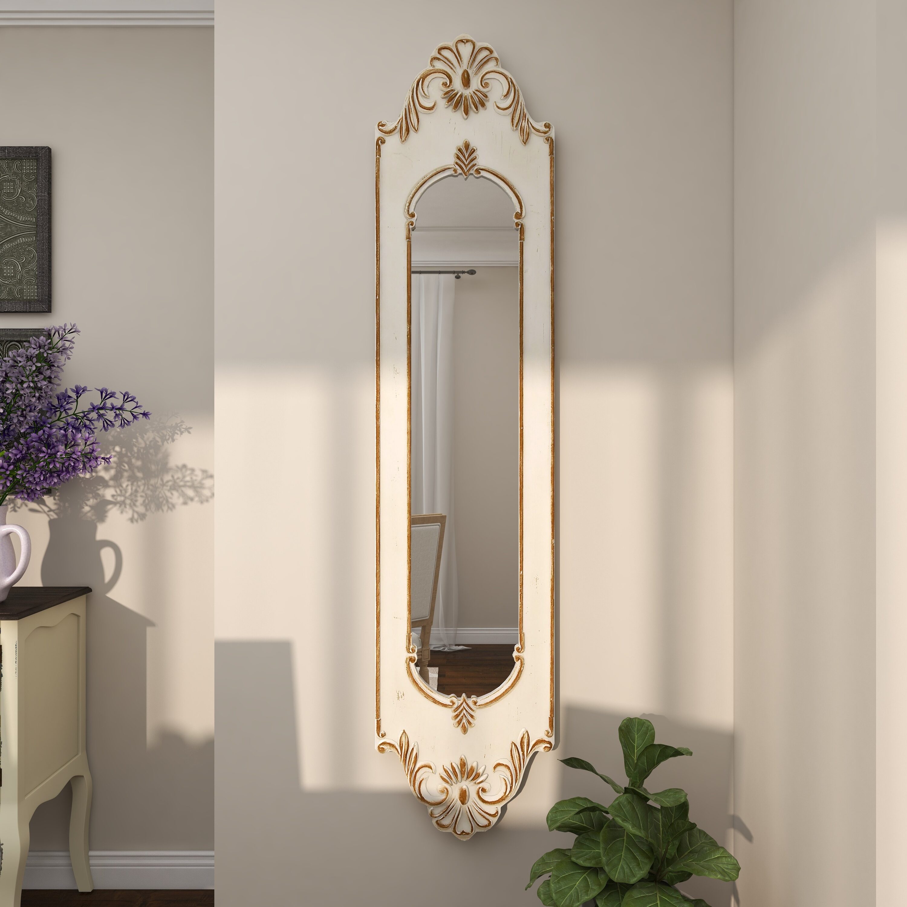 Grayson Lane 51005 16-in W x 72-in H Arch White Carved Framed Wall Mirror