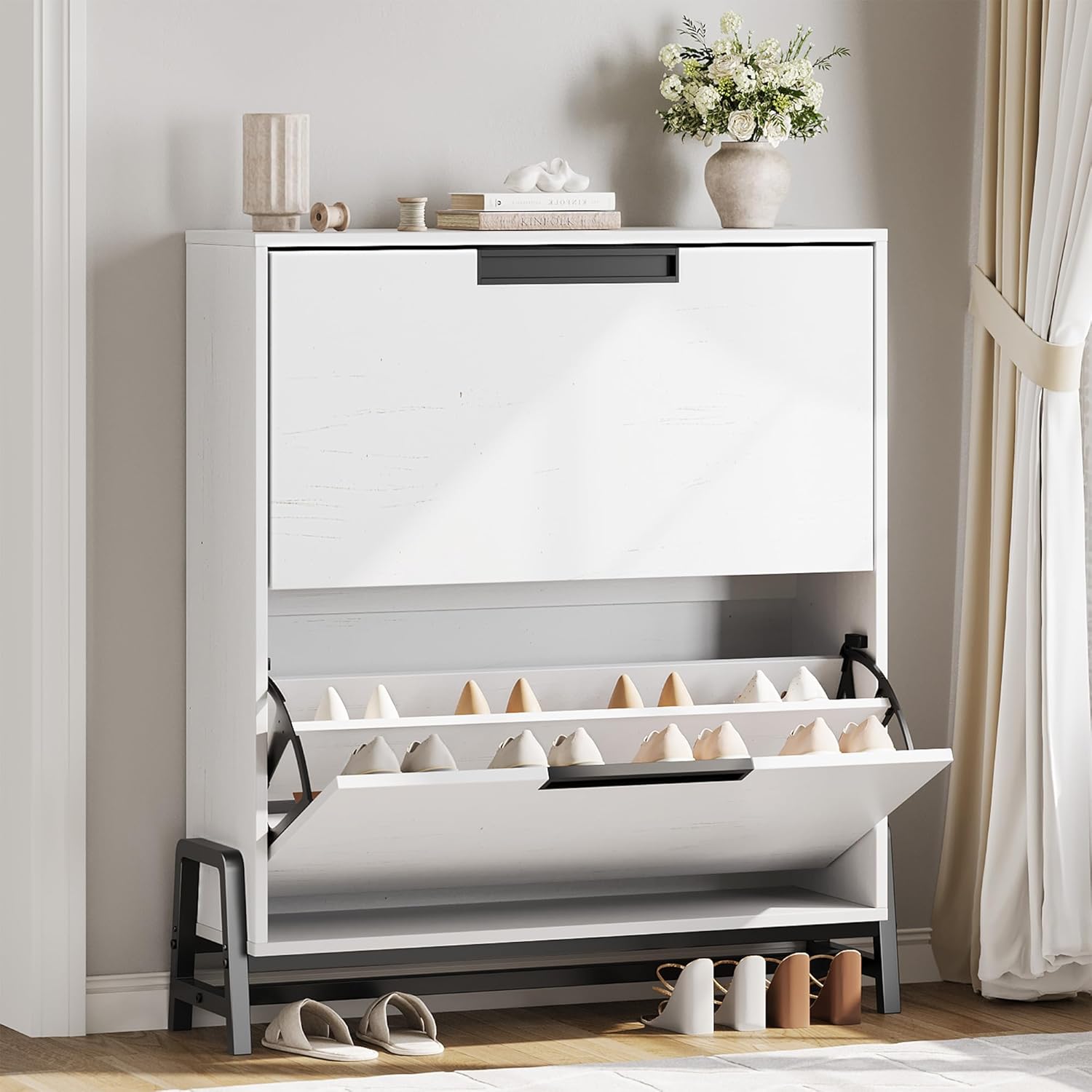Qeetex LHF-XG-5915004 Shoe Storage Cabinet with 2 Flip Drawers Freestanding Shoe Organizer with Metal Legs Narrow Shoe Rack Cabinet for Entryway Hallway Living Room White