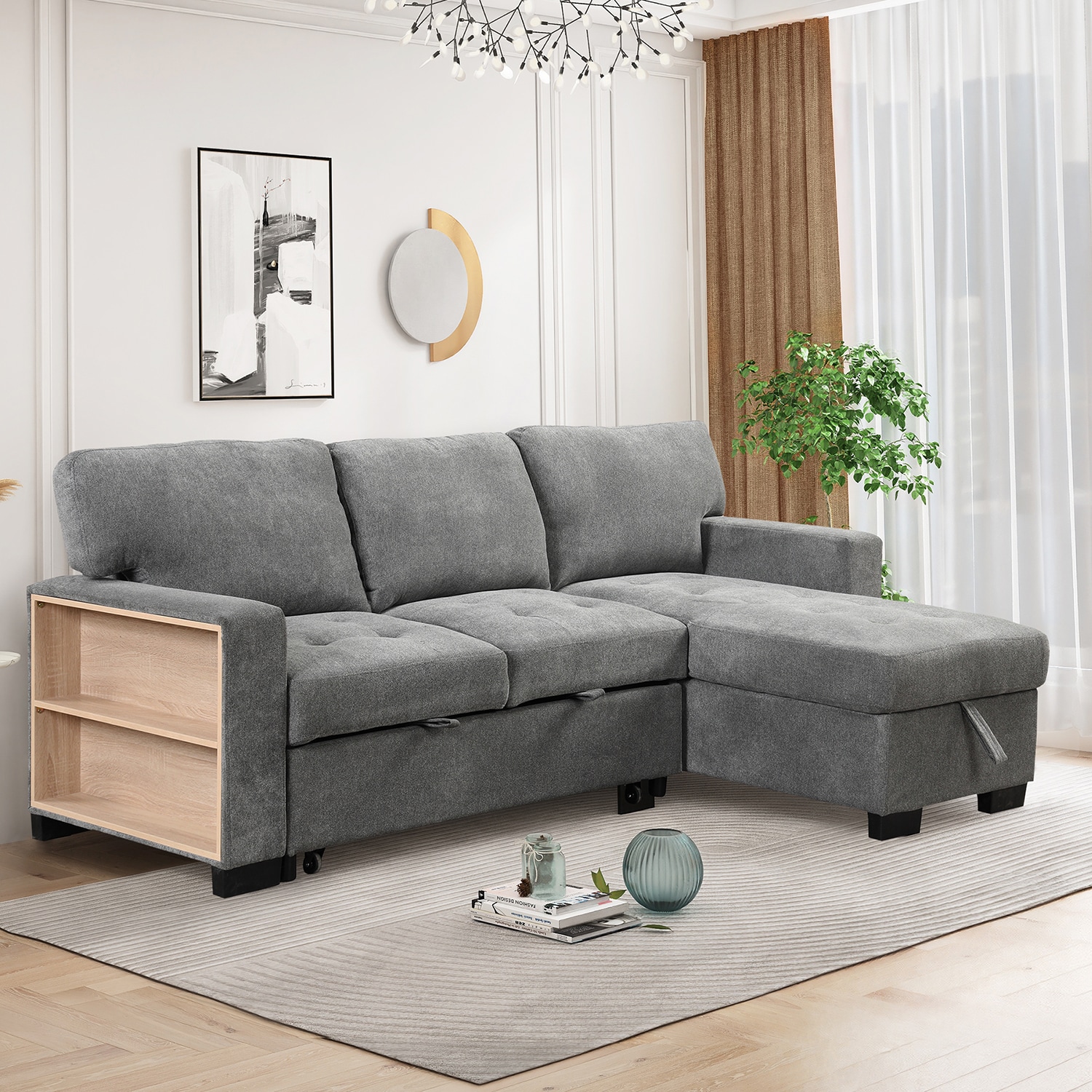 Bybafun 85.2-in Modern Gray Velvet Reclining Sleeper In The Couches ...