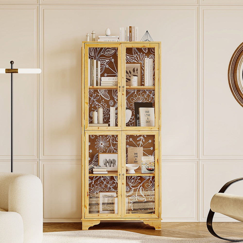 Homsee C-KF390111-01 Natural Wood 74.2 Inch Tall Bookcase with Tempered Glass Doors LED Lights and Floral Back Panel Freestanding Storage Cabinet with 4 Shelves