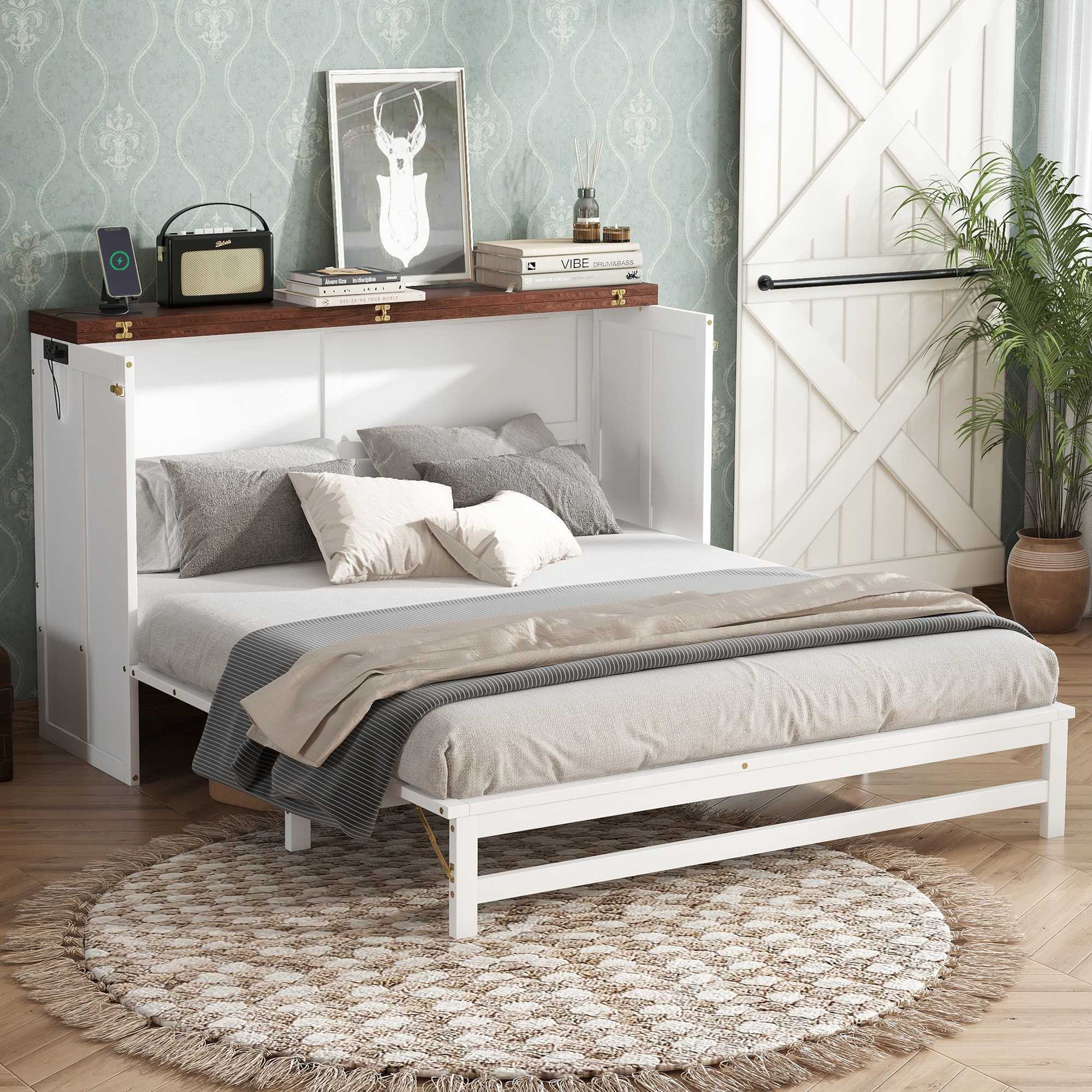 LUXEYARD Murphy Bed Cabinet Queen with Storage Drawer and Charging ...
