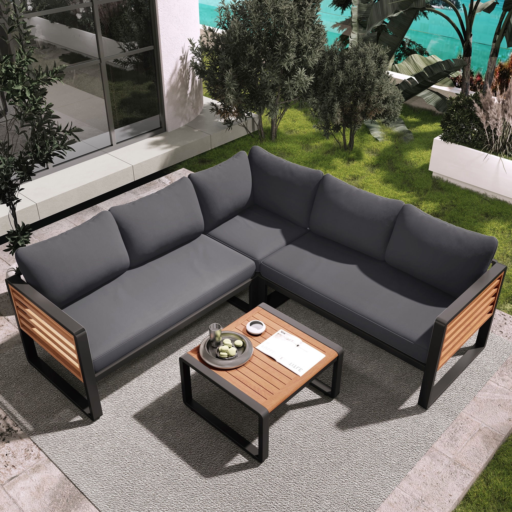 ModernLuxe L-N704G201245E 4 Pieces Outdoor Patio Conservation Set, Metal and Wood Frame Sectional L-shaped Sofa 4 -Piece Patio Conversation Set with Gray / Cushions