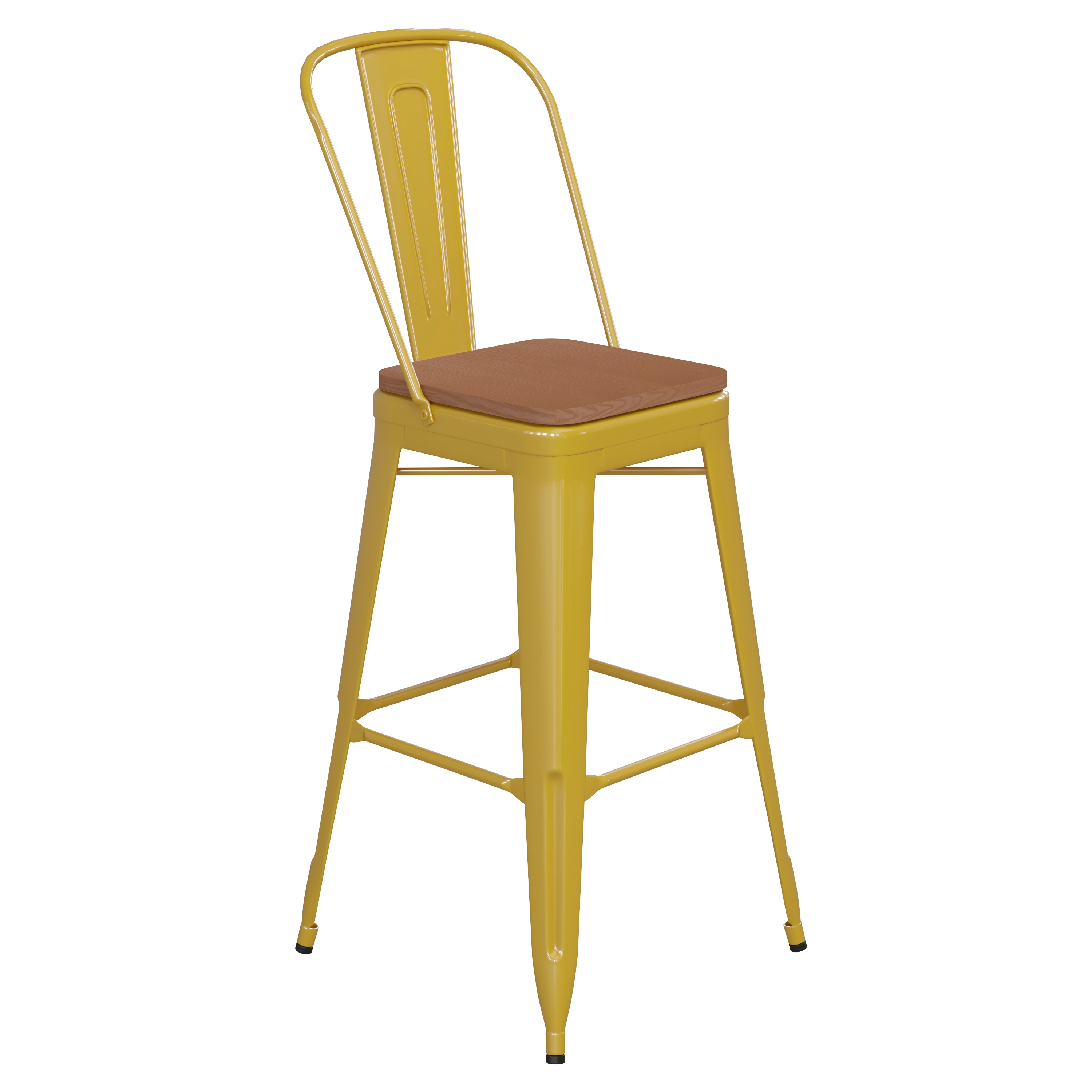 Flash Furniture 196861049538 Kai Commercial Grade 30-in High Yellow Metal Indoor-Outdoor Bar Height Stool with Removable Back and Teak All-Weather Poly Resin Seat