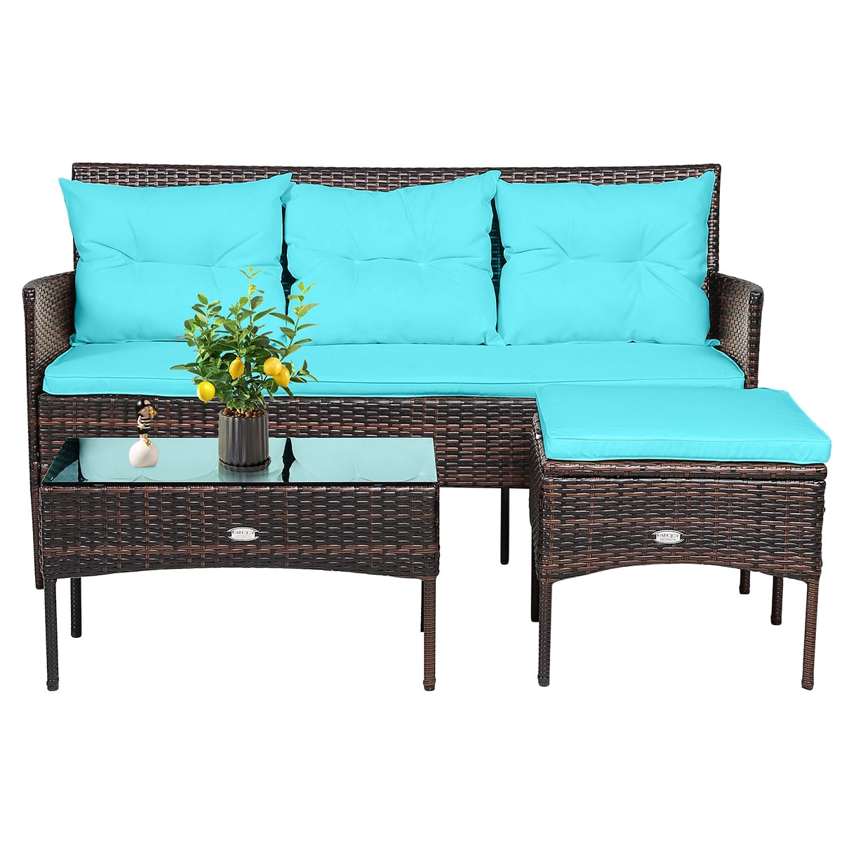 Forclover HYFE-65848ZS Patio Conversation Sets 3 -Piece Rattan Patio Sofa Conversation Set with Blue Cushions