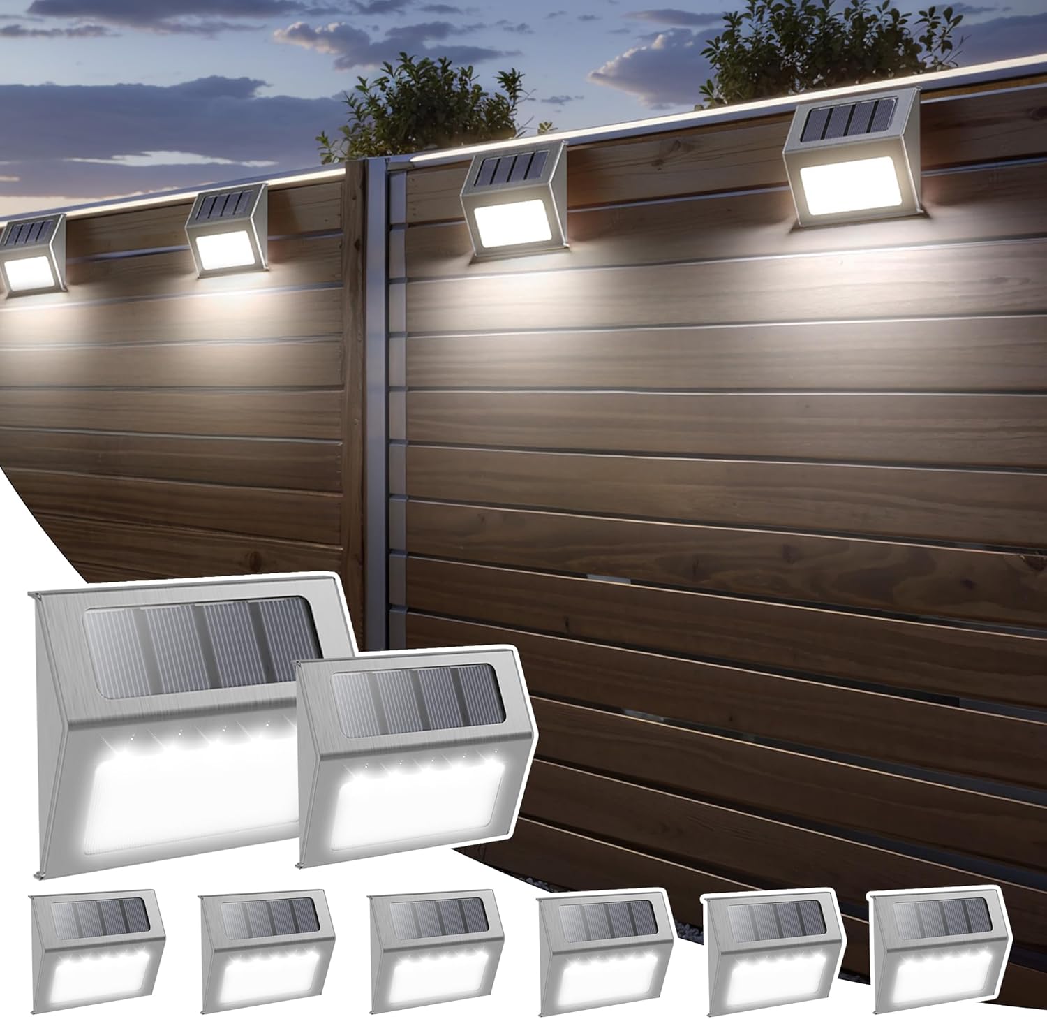 Otdair TJD-8PCS-W-0909 Solar Lights for Outside  8 Pack Solar Deck Lights Outdoor  Waterproof Fence Solar Lights for Fence  Patio  Garden  Pathway  Cold White Light with Silver Shell