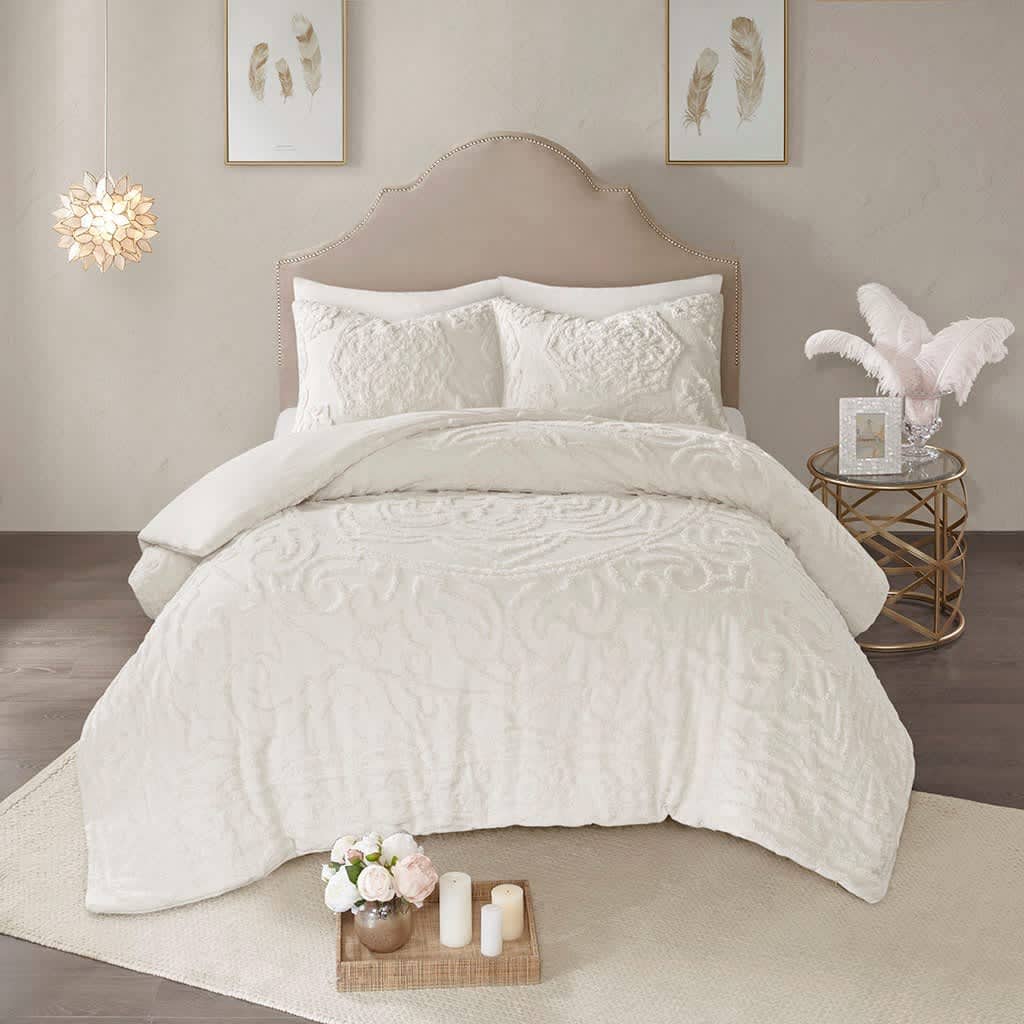Vynxaria LEXY1113-DJWS-CP210 Laetitia 3 Piece Off White Tufted Chenille Medallion Cotton King Duvet Cover Set