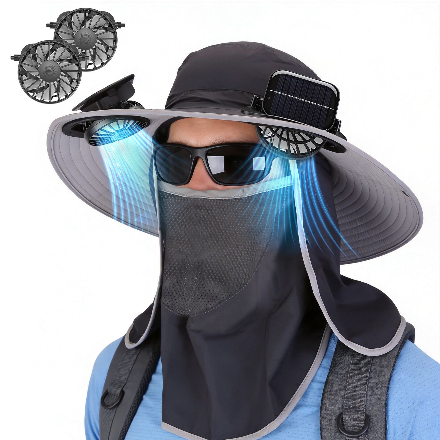 WOQWOQ 2 In 1 Solar Fan Hat UPF50+ Unisex Wide Brim Fishing Hat Face Cover Neck Flap USB Solar Charging Outdoor Work Dark Grey