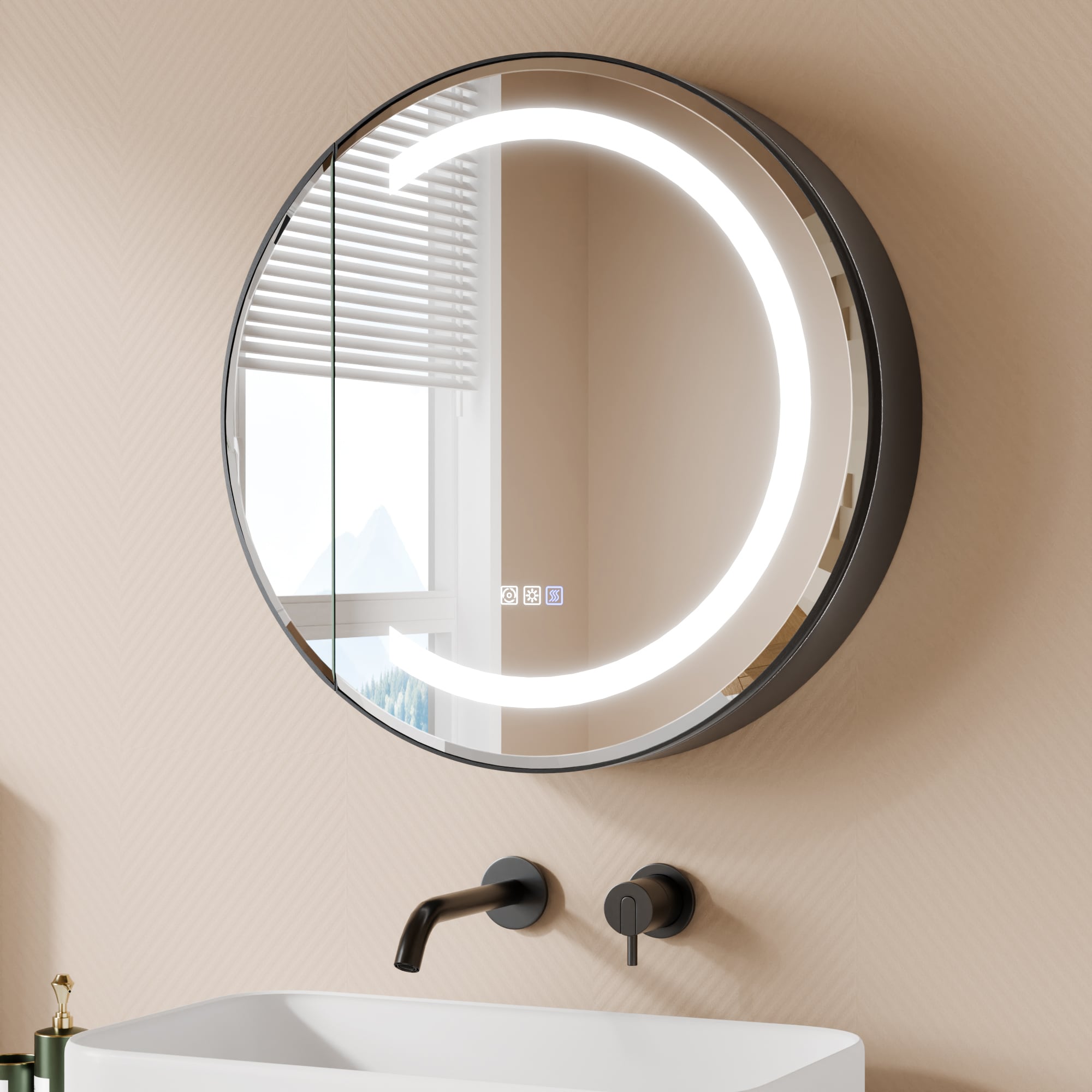 ExBrite EXMC2828V15LB Halo 28-in x 28-in Lighted LED Fog Free Surface Mount Matte Black Mirrored Round Soft Close Medicine Cabinet