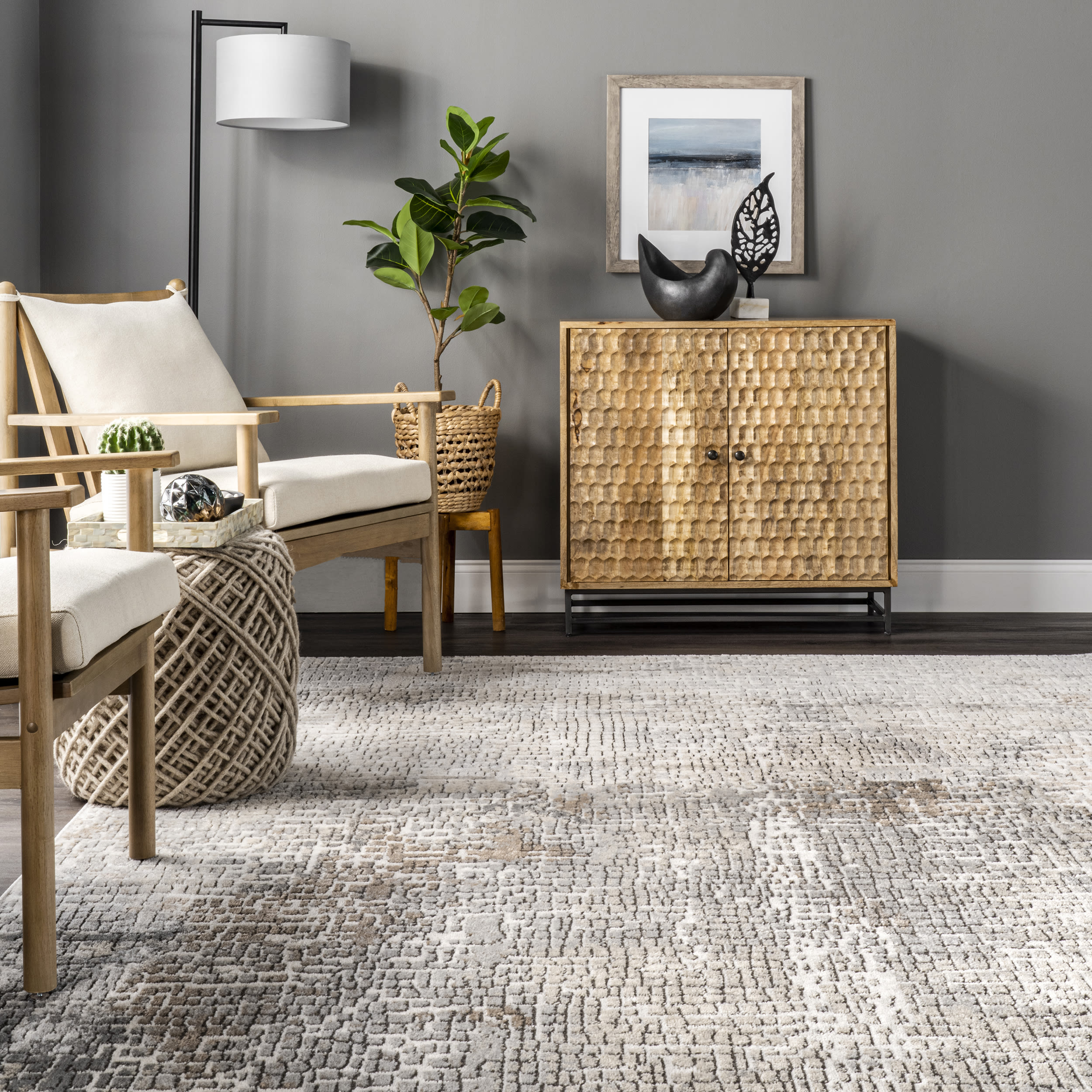 Contemporary Abstract Tile 7x9 Beige Synthetic Area Rug