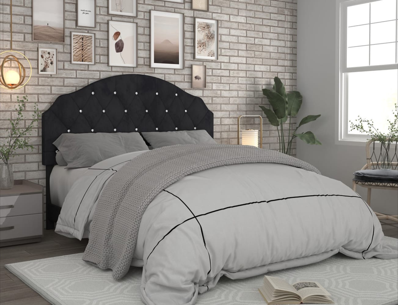 Home Design - Black Queen Velvet Upholstered Headboard