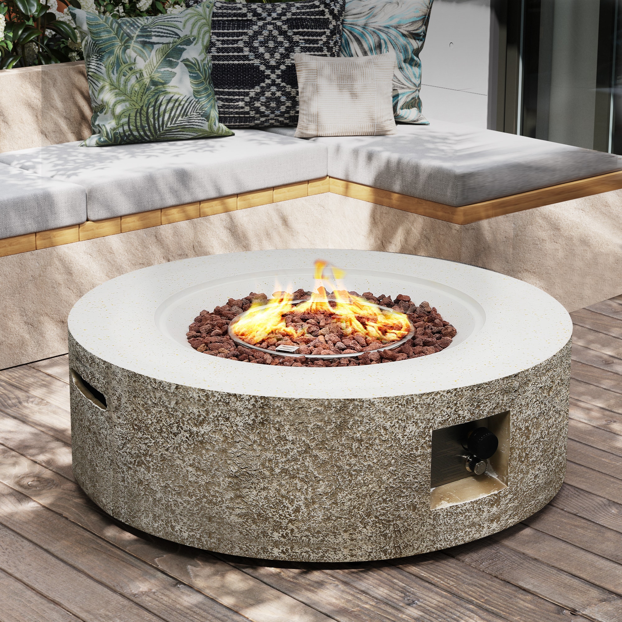 UPHA 41SMS-6BX-MHF Magnesium Oxide Fire Pit 42-in W Terrazzo Beige Magnesium oxide Round Liquid propane Fire pit table