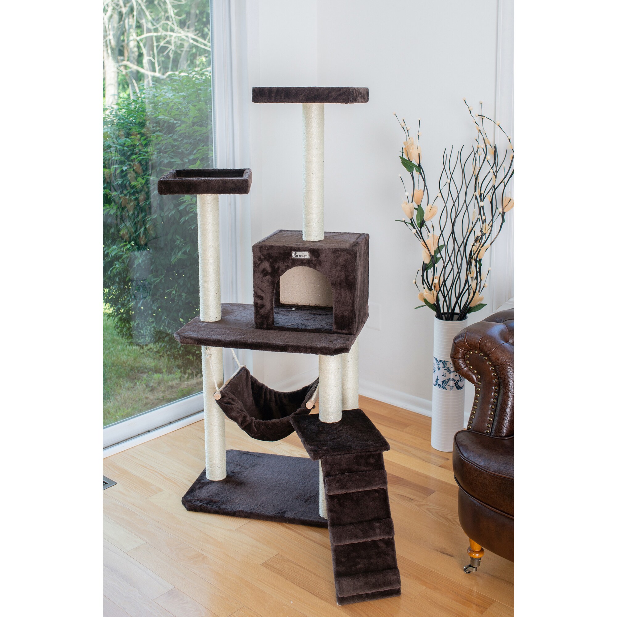 Beige Faux Fur and Sisal 48-Inch Cat Tree with Playhouse