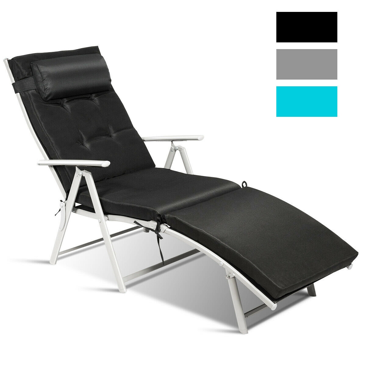 LIVIZA OUG64243BK White Metal Frame Stationary Chaise Lounge Chair with Black Cushioned Seat