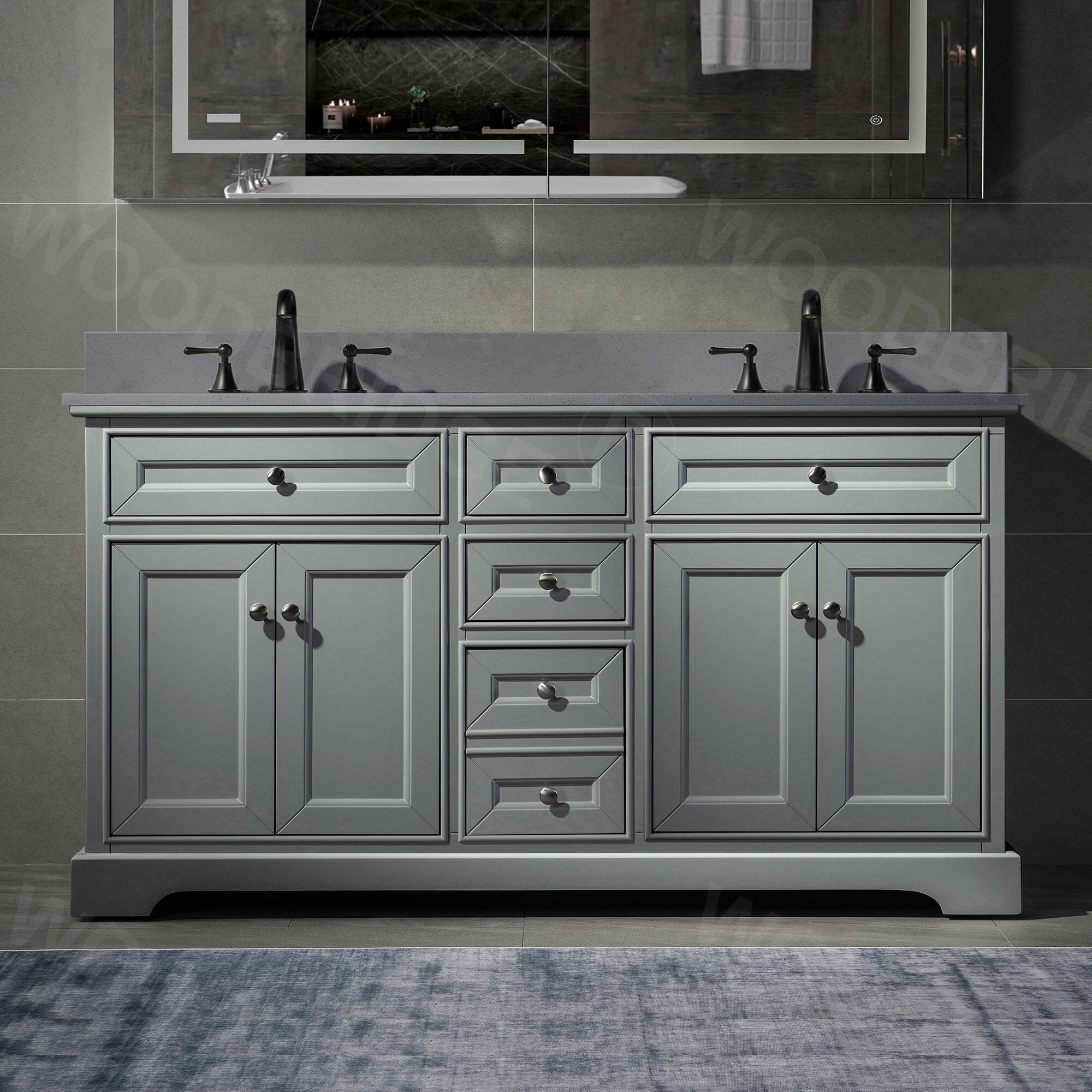 Woodbridge 60in Gray with Nickel Trim Undermount Double Sink Bathroom