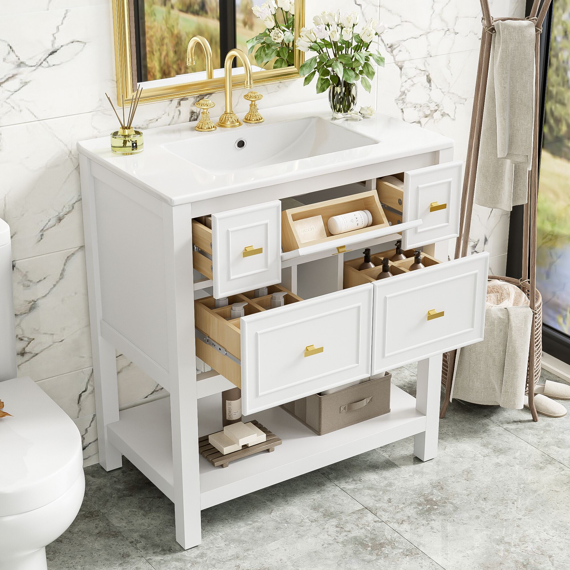 ModernLuxe L3P-N710P247488K 30inch Bathroom Vanity with Ceramic Sink Combo Free Standing Single Vanity Set with 5 Drawers Solid Wood Frame Bathroom Storage Cabinet White