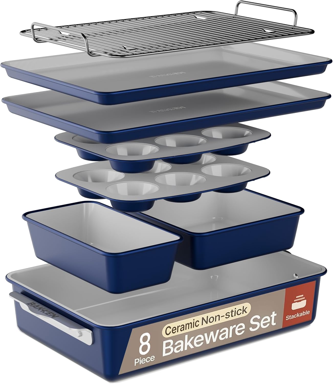 Bakken Swiss Bakken 8 Piece Stackable Bakeware Set Ceramic Nonstick Baking Sheets and Pans Oven Safe Includes Cooling Rack PTFE PFOA PFOS Free Ergonomic Handles Durable Non Toxic Bakeware for Home Kitchen