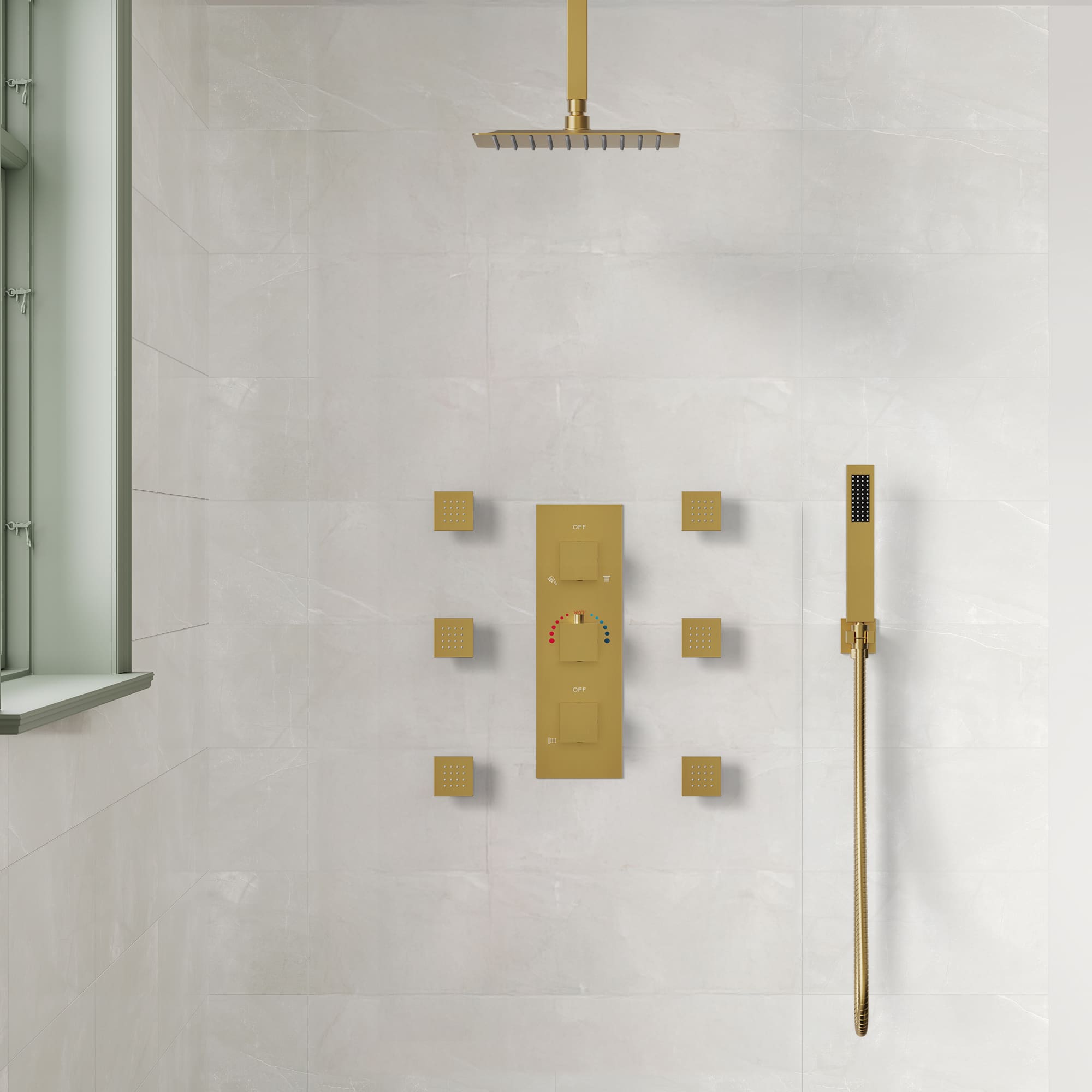 EVERSTEIN SFS1004-GD12 5-Spray Patterns 12 in. Ceiling Mount Rainfall Shower Faucet with 6-Jet in Brushed Gold (Valve Included)