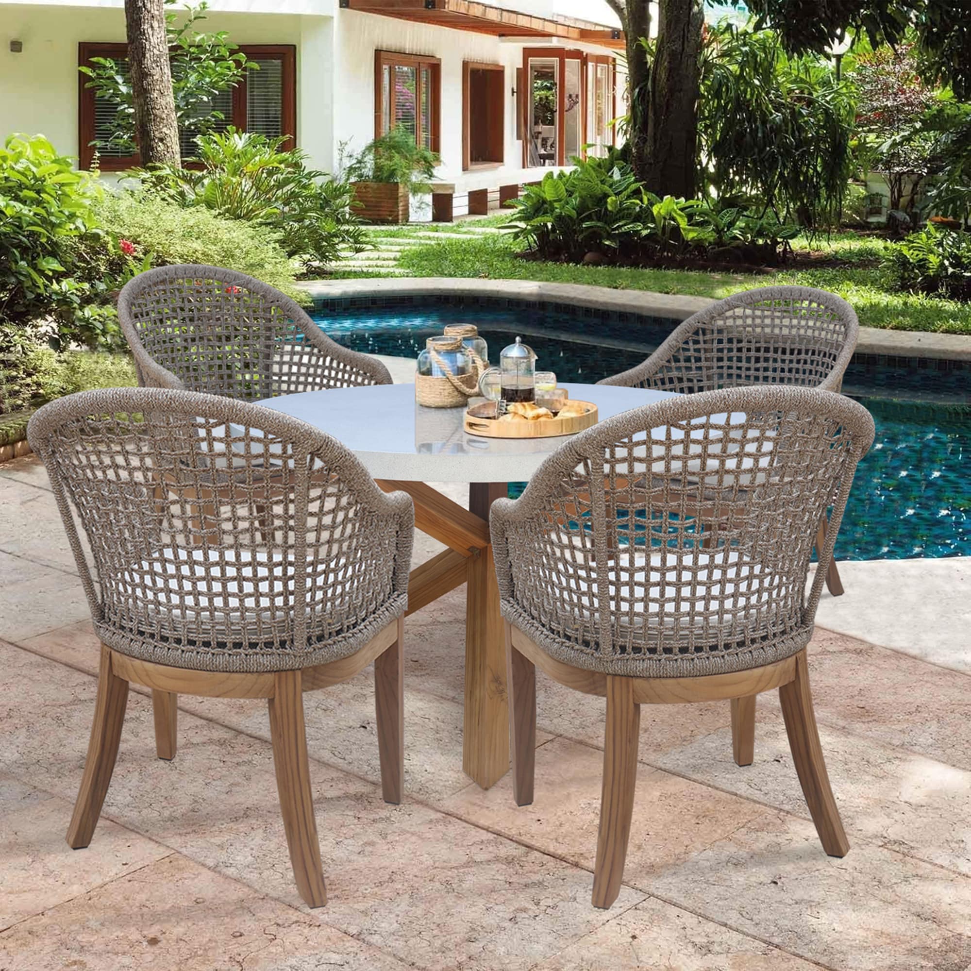 Teak and Polystone 5-Piece Round Patio Dining Set with Cushions