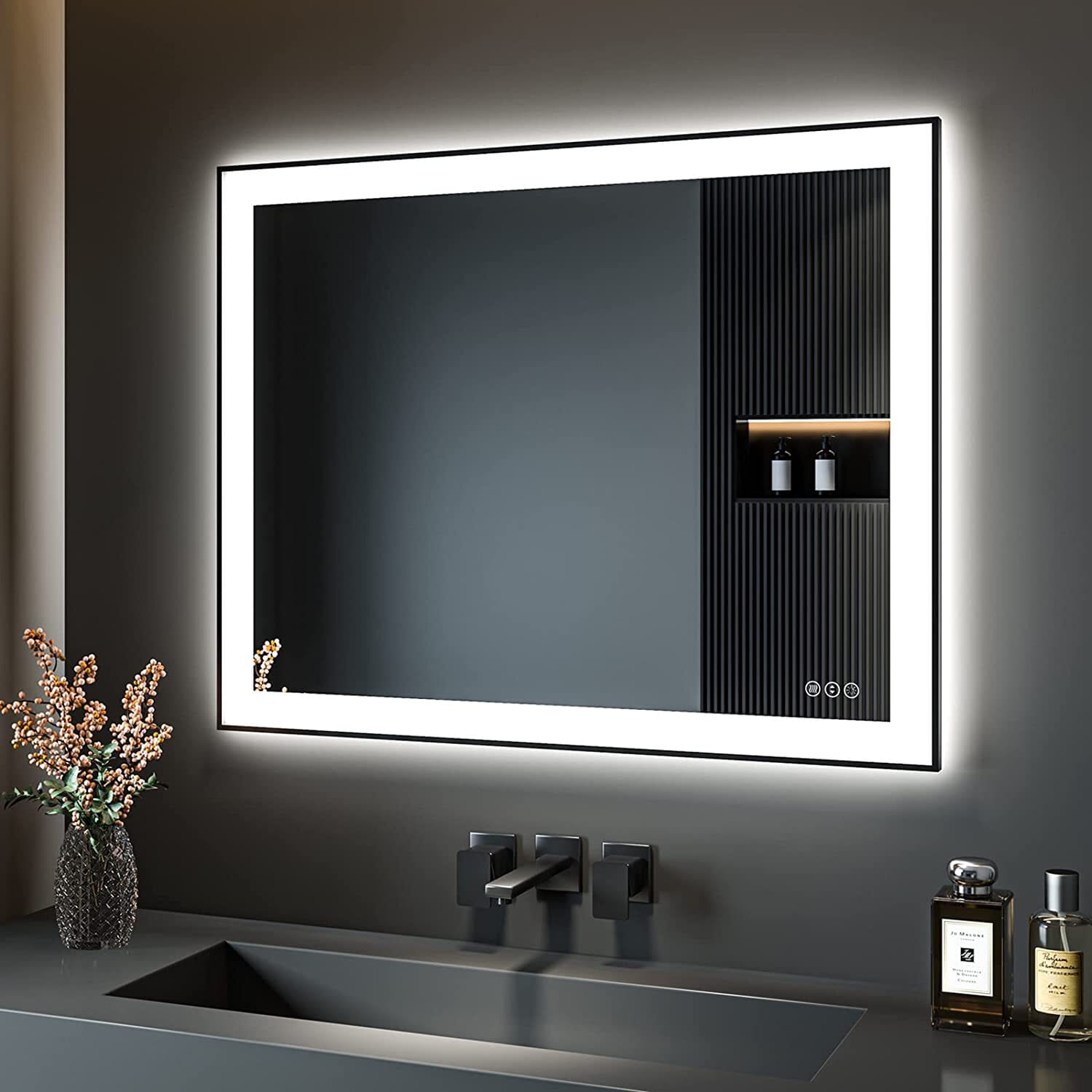 waterpar 40-in x 32-in LED Lighted Black Rectangular Fog Free Framed Bathroom  Vanity Mirror in the Bathroom Mirrors department at