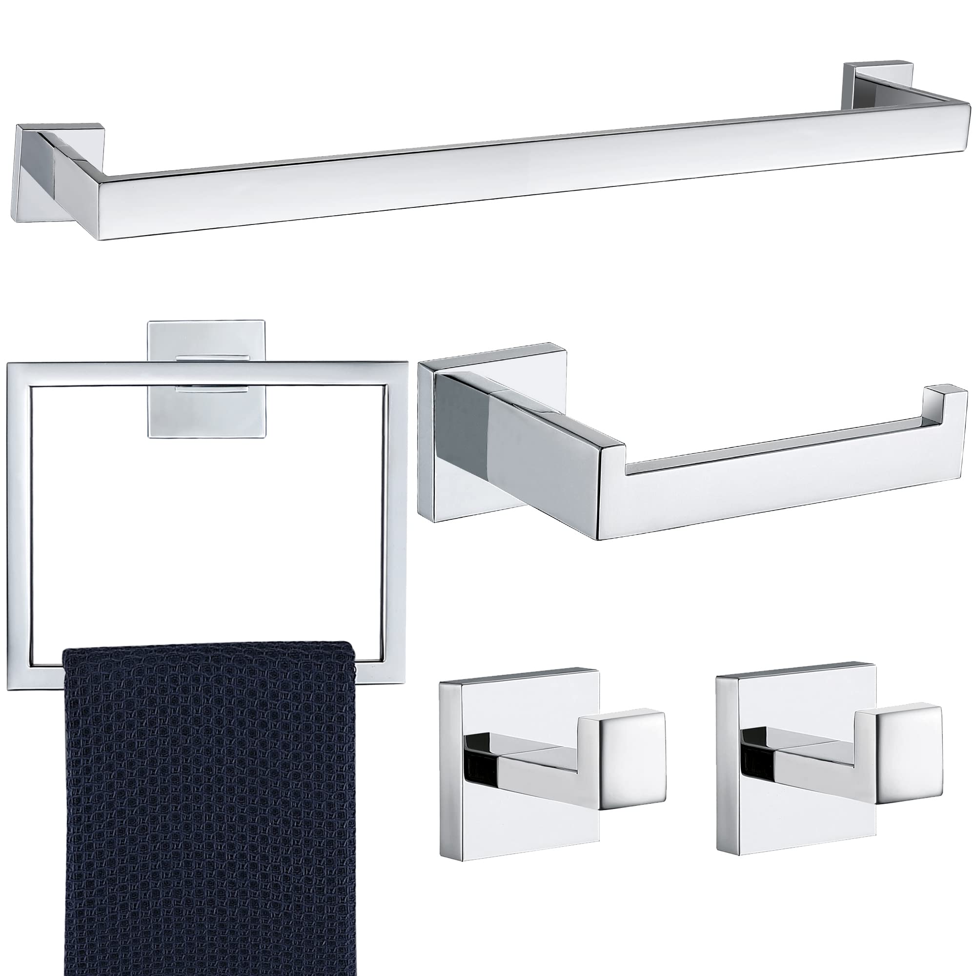 TNSO - Polished Chrome 24in 5pcs Matte Black Stainless Steel Bathroom Hardware Set Wall Mounted T...