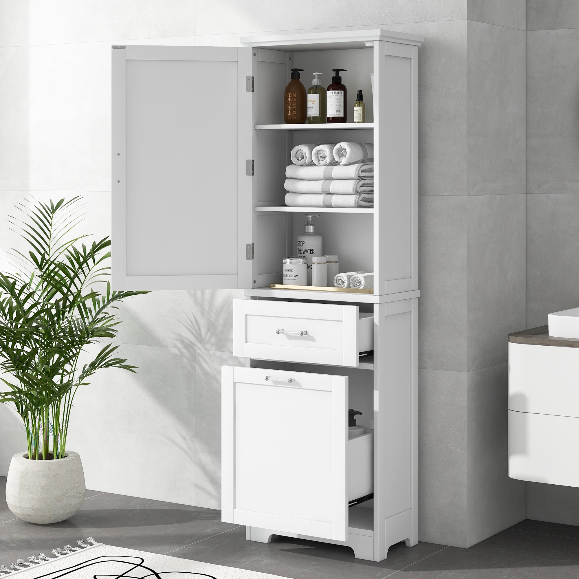GDFStudio 329843 Tall Bathroom Storage Cabinet Freestanding Storage Cabinet with Two Different Size Drawers and Adjustable Shelf MDF Board with Painted Finish White - Old Sku WF312730AAK