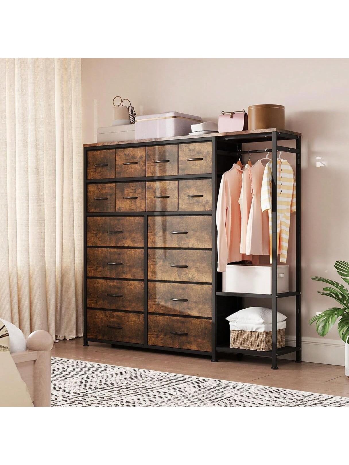 Qeetex BY-PHK-33N4HFHR Large Clothes Storage Rack 16 Drawer and 2 Tier Shelves Space Saving Freestanding Wardrobe For Small Bedroom Apartment No Assembly Needed Breathable Fabric Drawers