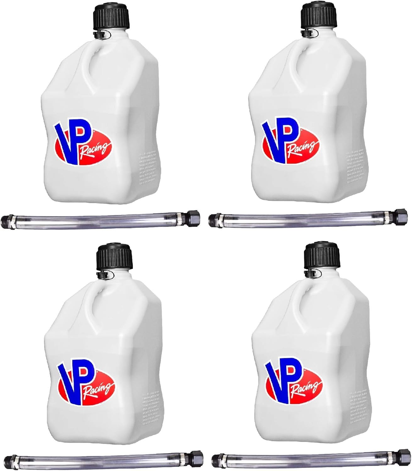 VP Racing Fuels VP Racing 5.5 Gallon Square Motorsport Jug White w/ 14 Standard Hose (4 Pack) Close-Trimmed Cap and Neck for Tight Seal #3520-CDC8