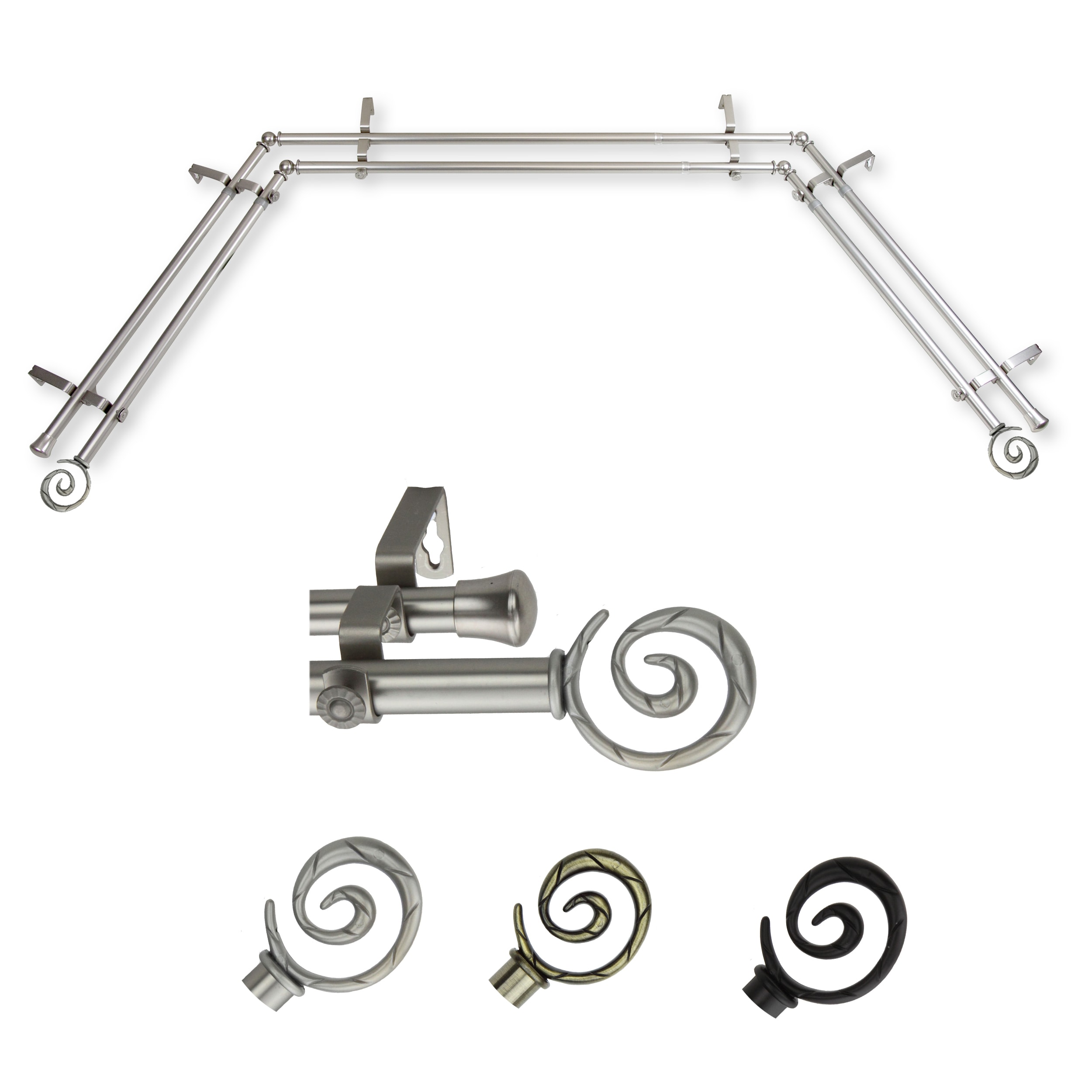 Hart & Harlow LO-ABAY-27-5D 72-in to 144-in Satin Nickel Steel Bay window curtain rod with Finials