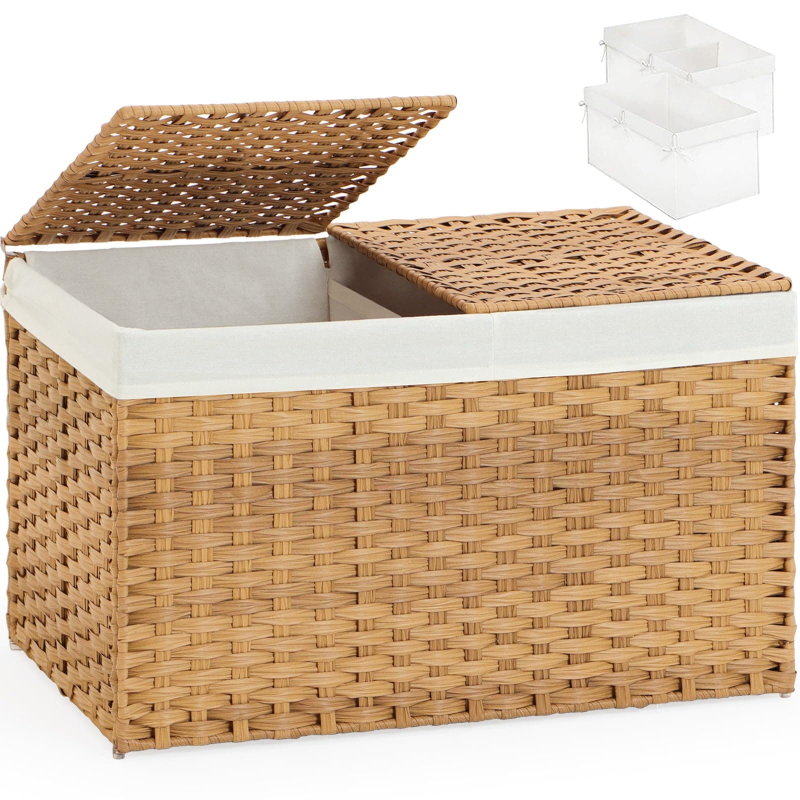 Yichuhaoxi  Storage Basket with Lid Large Wicker Basket for Bedroom Laundry 42 Gallon Rattan Woven Storage Bin with Two Removable Liners and