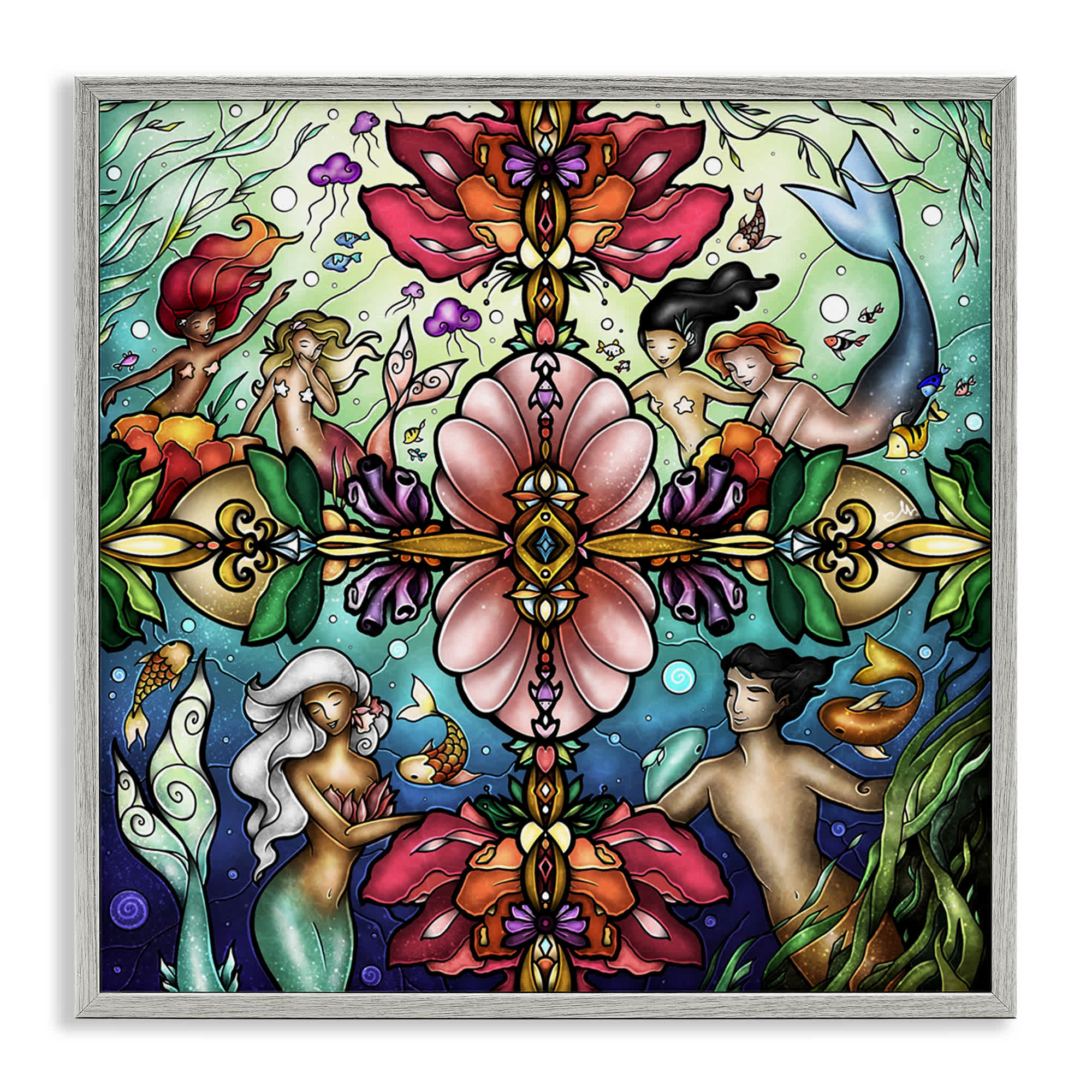 Stupell Industries BS-984-GFF-24X24 Detailed Stain Glass Style Mermaids Gray Framed Giclee Art By Mandie Manzano 24 x 24