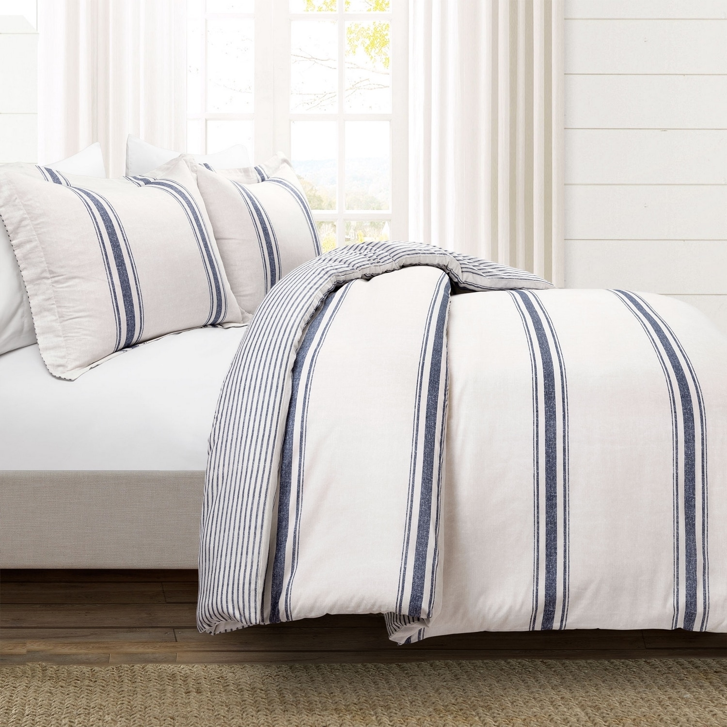 King Navy Cotton Farmhouse Stripe Reversible Duvet Cover Set