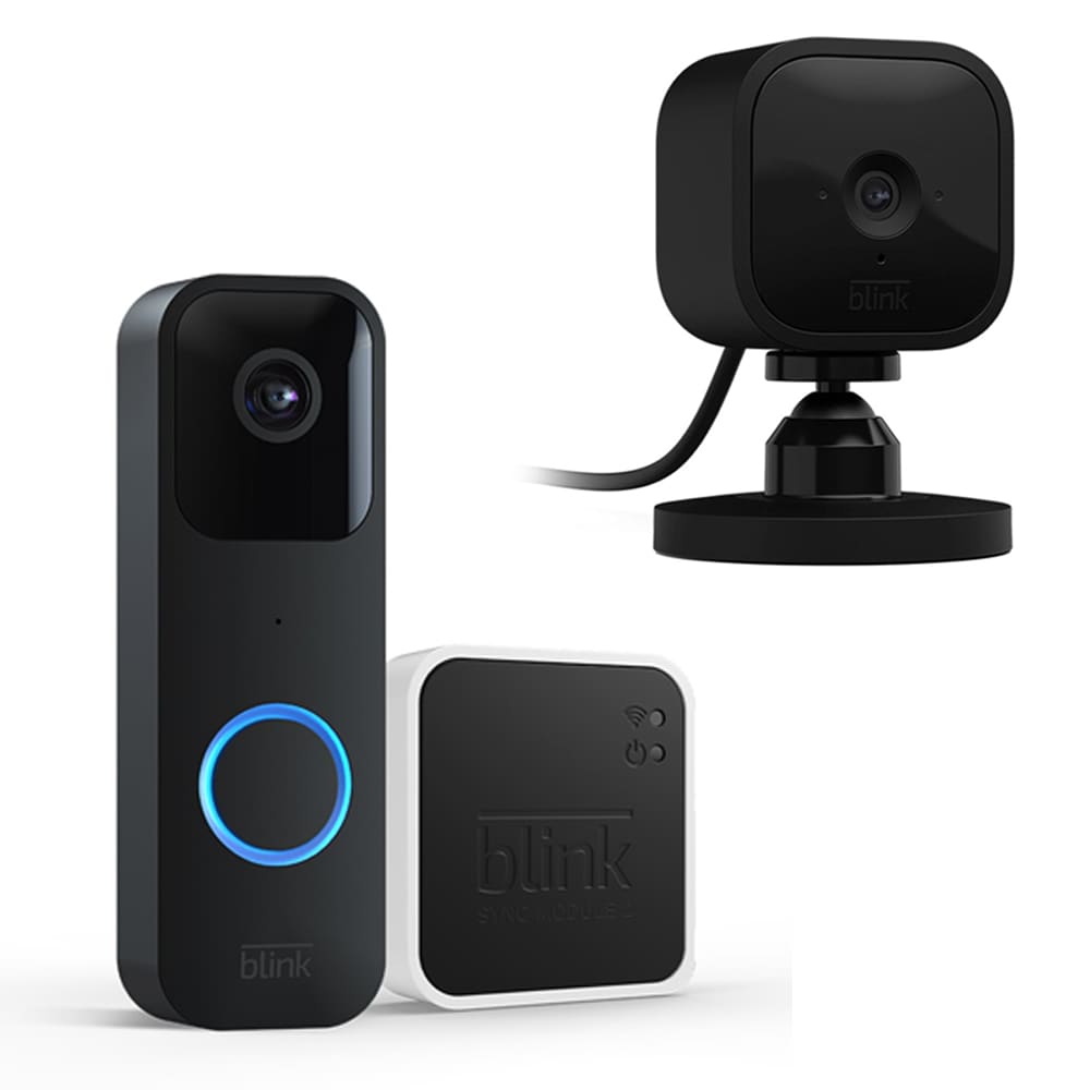 Blink Outdoor Home Security Camera System w Mini Indoor Camera & Sync  Module 2