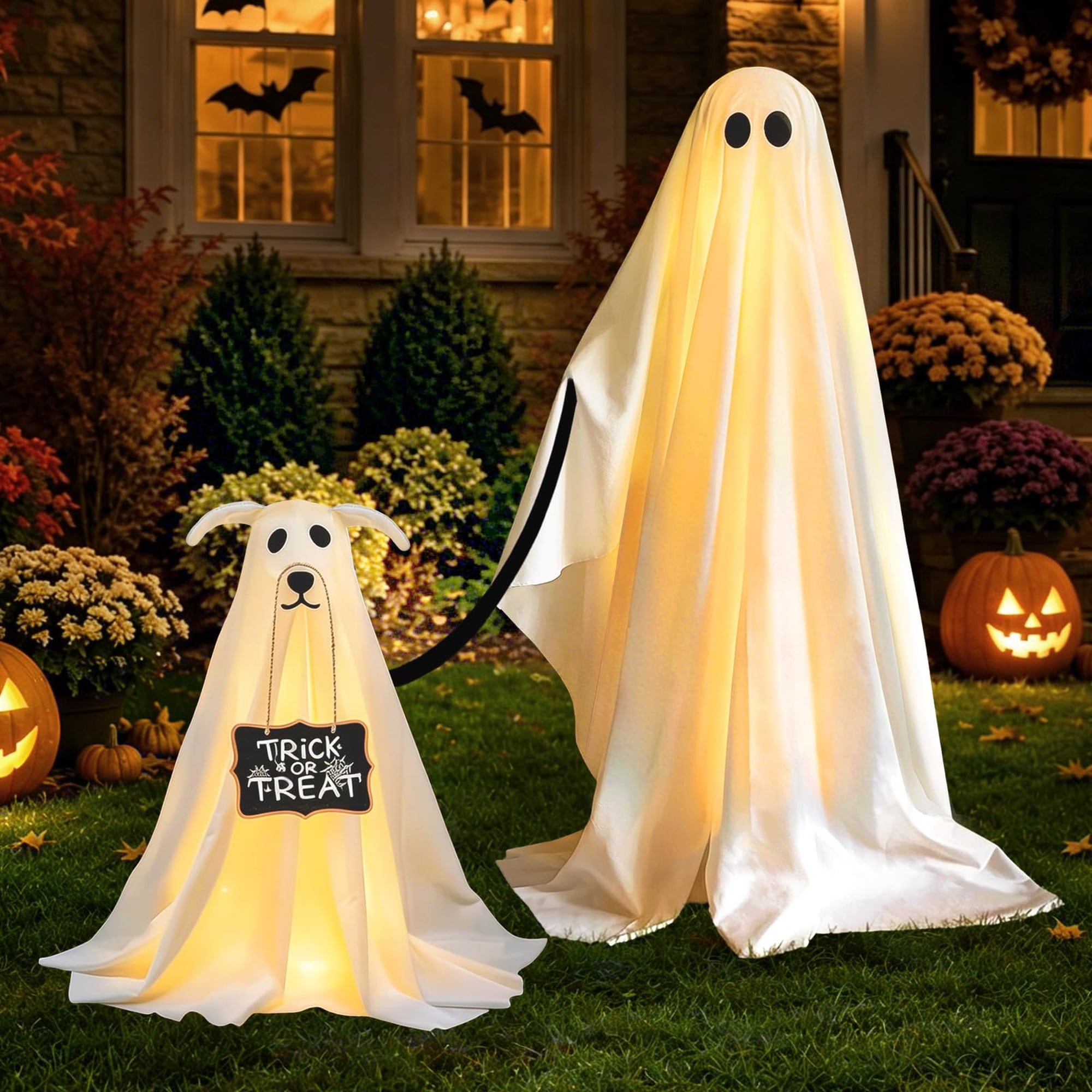 Numhew 1in 2-Pack Warm White Halloween Ghost Dog Indoor Outdoor Decor