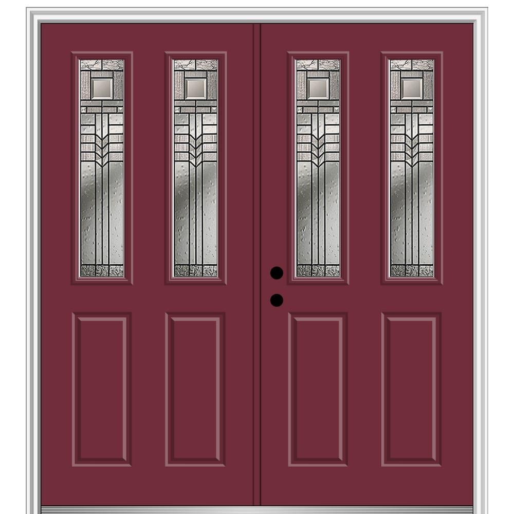 MMI DOOR ZZ3664935R 72-in x 80-in x 4-9/16-in Fiberglass Twin lite Right-hand inswing Burgundy Painted Prehung Double Front Door with Brickmould Insulating core