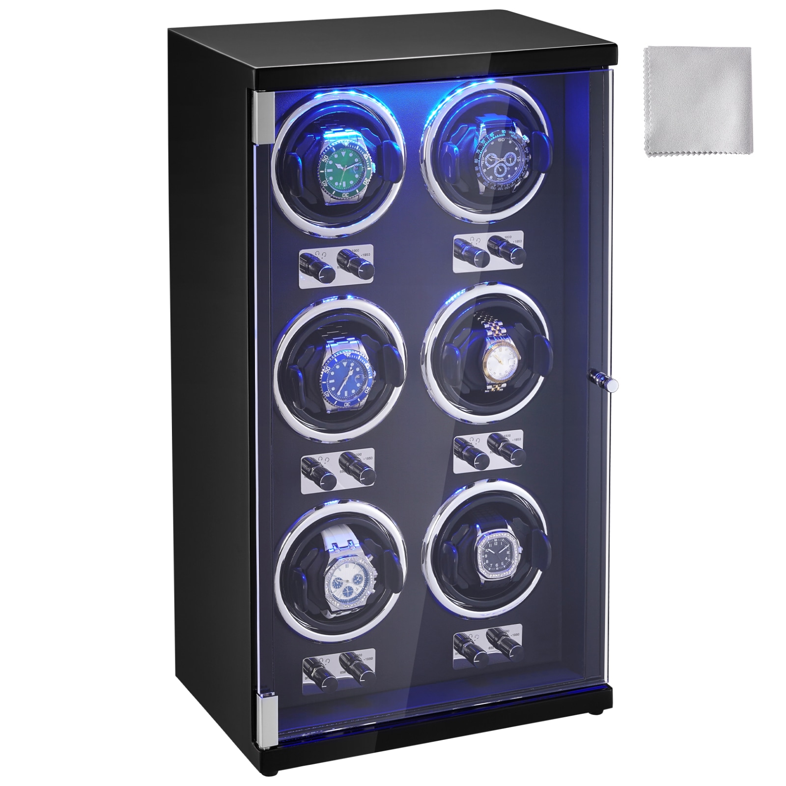 VEVOR Watch Winder  Watch Winder for 6 Automatic Watches  with 6 Super Quiet Japanese Mabuchi Motors  Blue LED Light and Adapter  High-Density Board Shell and Black PU