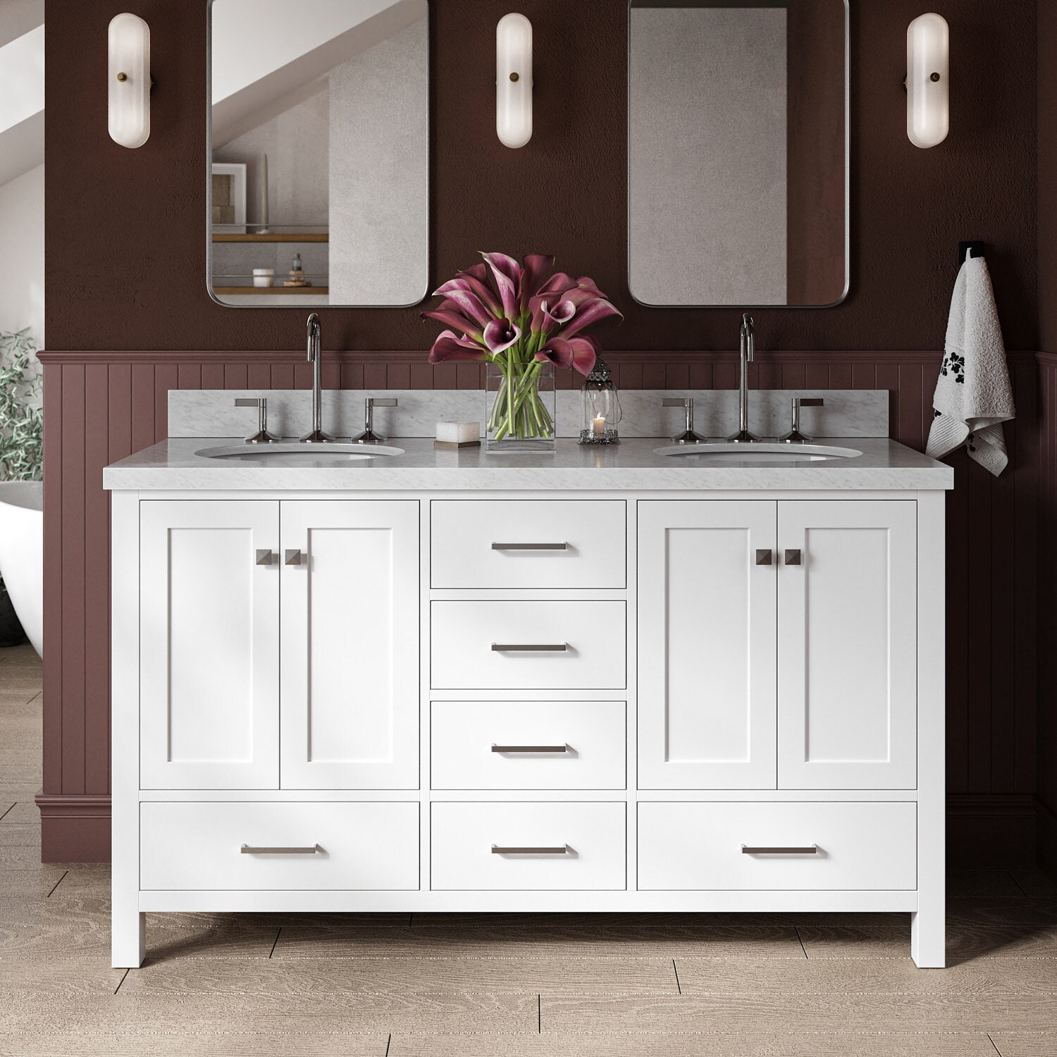 ARIEL A061D-VO-WHT Cambridge 61-in White Undermount Double sink Bathroom Vanity with Carrara White Marble Natural marble Top